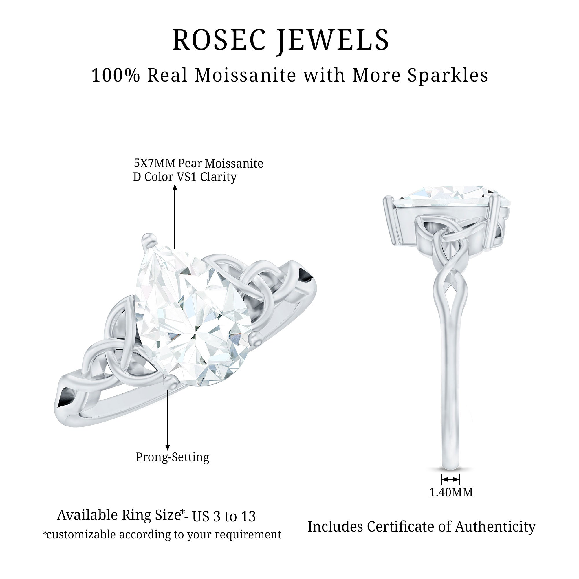 Pear Cut 0.79 Carat Moissanite Celtic Engagement Ring