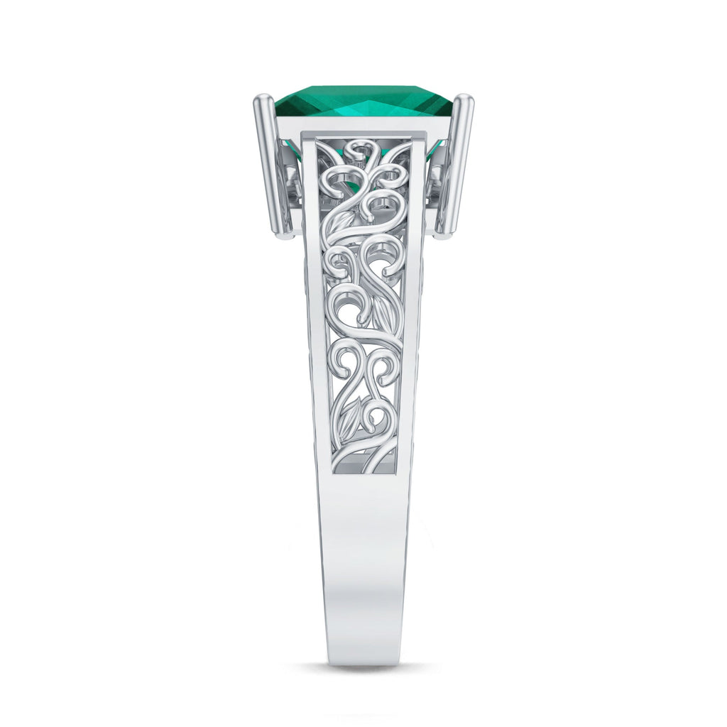 Certified 2.4 Carat Princess Cut Lab Grown Emerald Filigree Engagement Ring