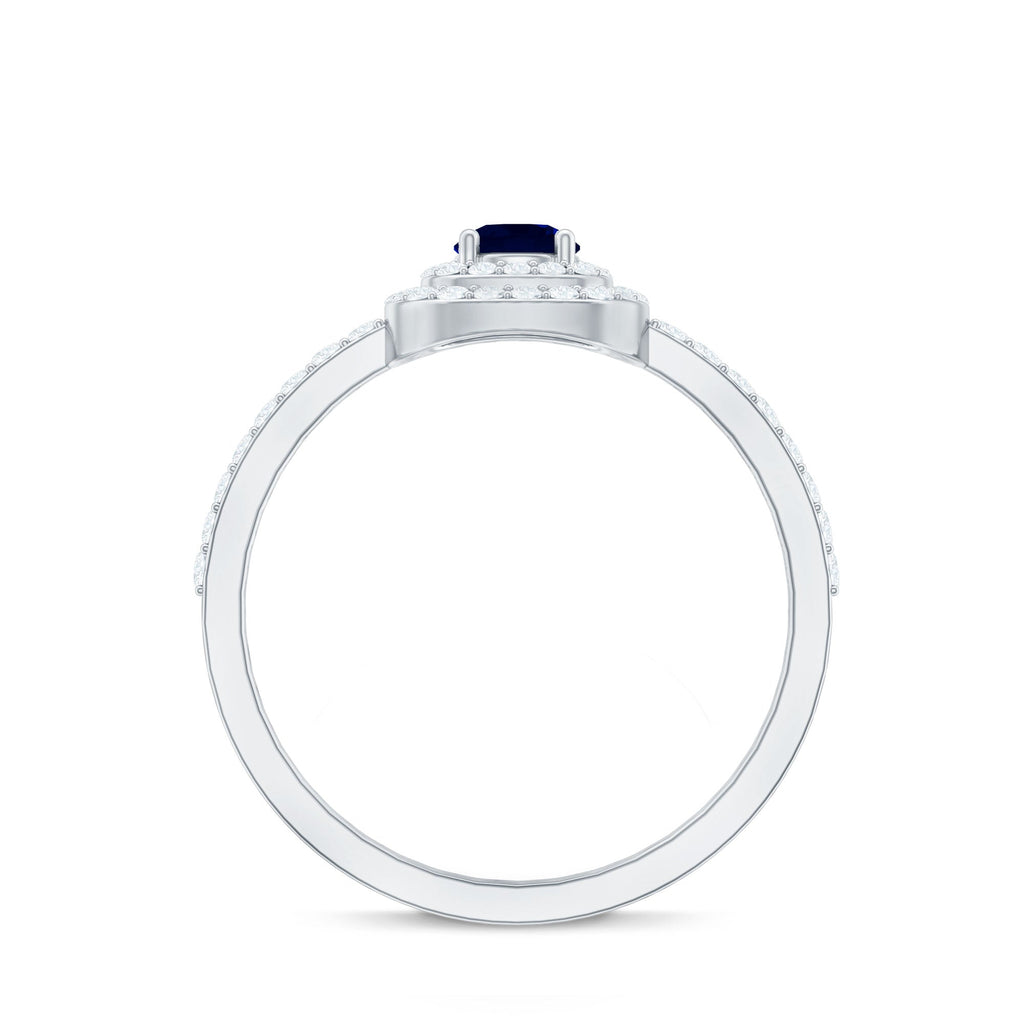 3/4 CT Classic Blue Sapphire Double Halo Engagement Ring with Diamond