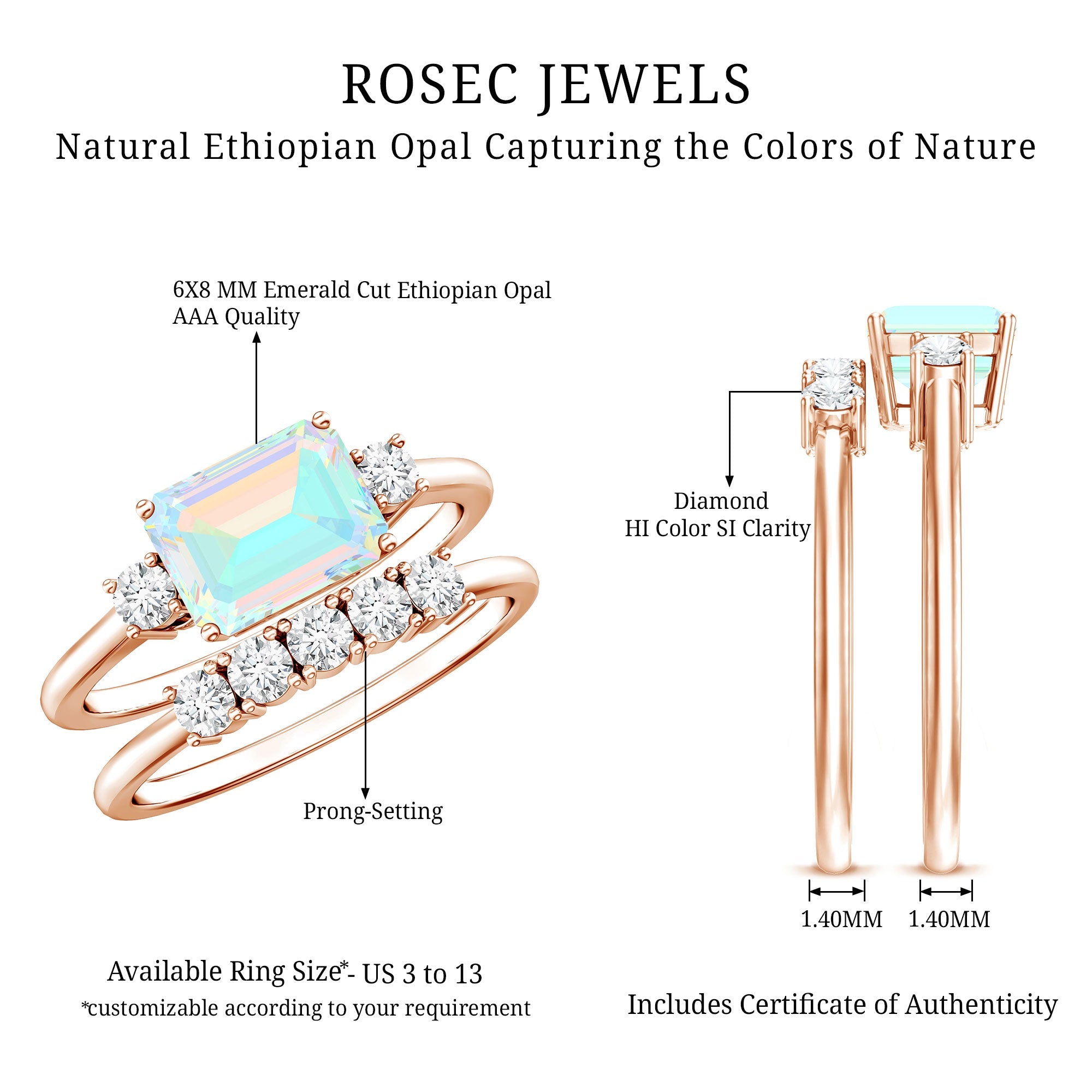 Natural Ethiopian Opal Diamond Emerald Cut Engagement Ring and Wedding Band Set