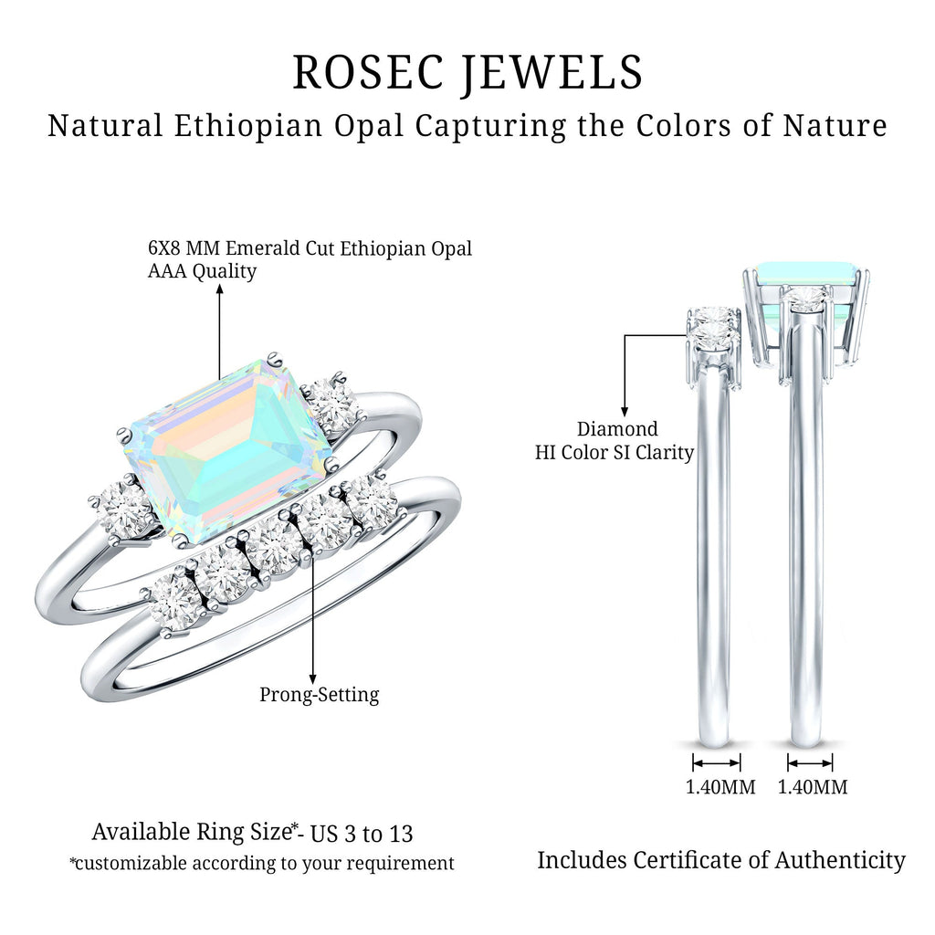 Natural Ethiopian Opal Diamond Emerald Cut Engagement Ring and Wedding Band Set