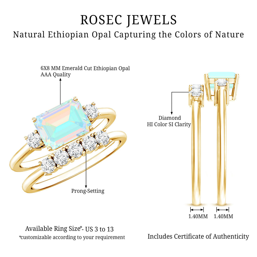 Natural Ethiopian Opal Diamond Emerald Cut Engagement Ring and Wedding Band Set