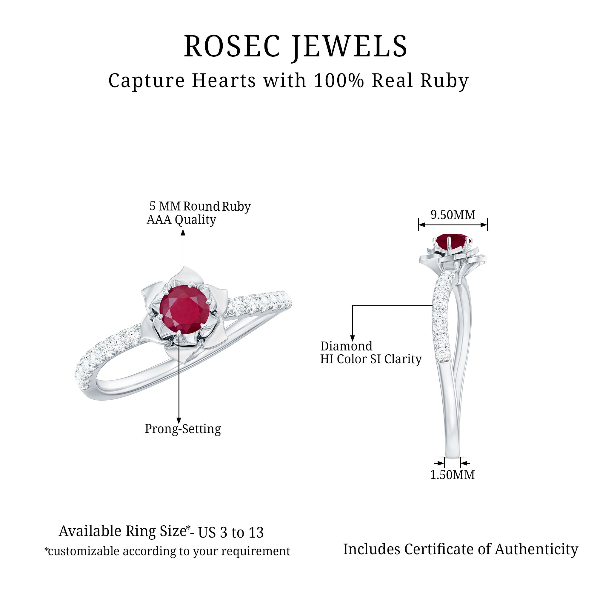 Natural 0.6 Carat Ruby Flower Engagement Ring with Diamond