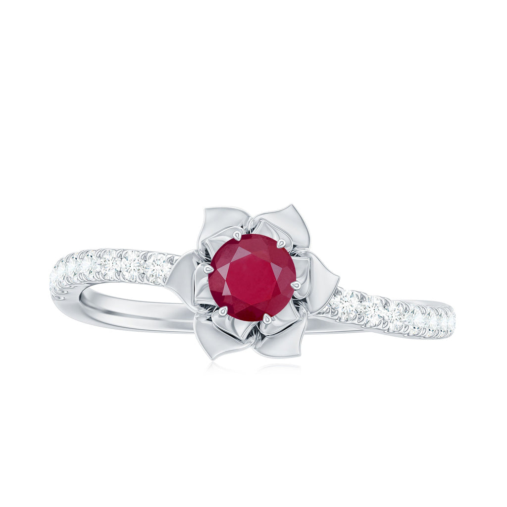 Natural 0.6 Carat Ruby Flower Engagement Ring with Diamond