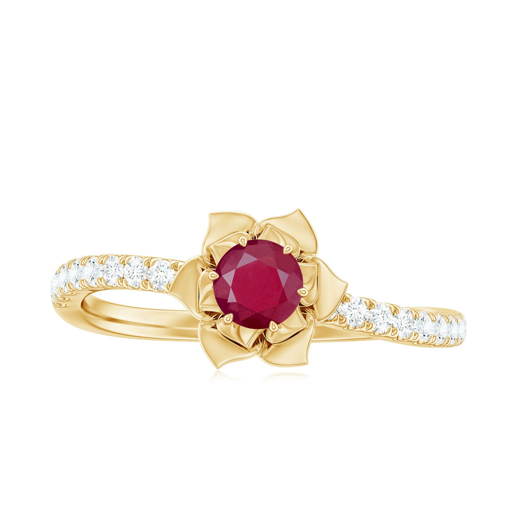 Natural 0.6 Carat Ruby Flower Engagement Ring with Diamond