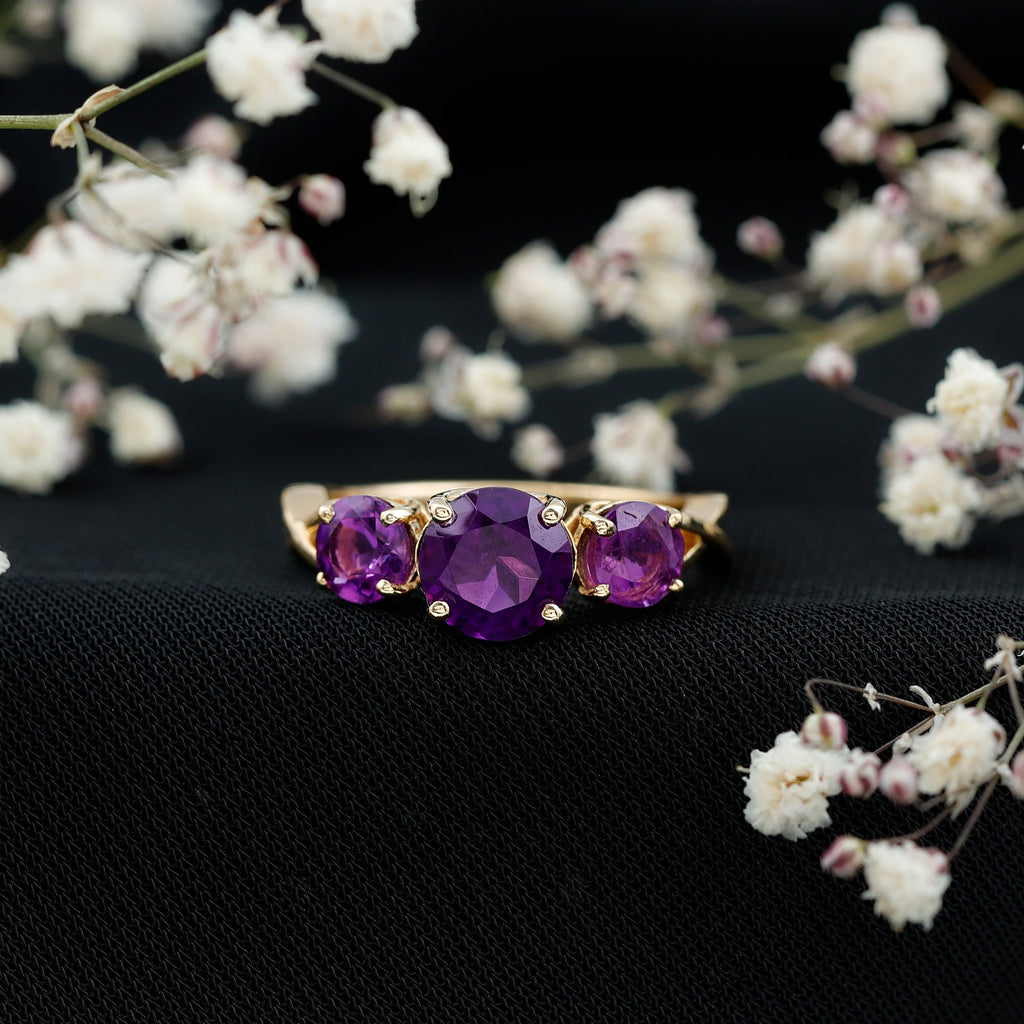 Natural Amethyst 3 Stone Engagement Ring for Women