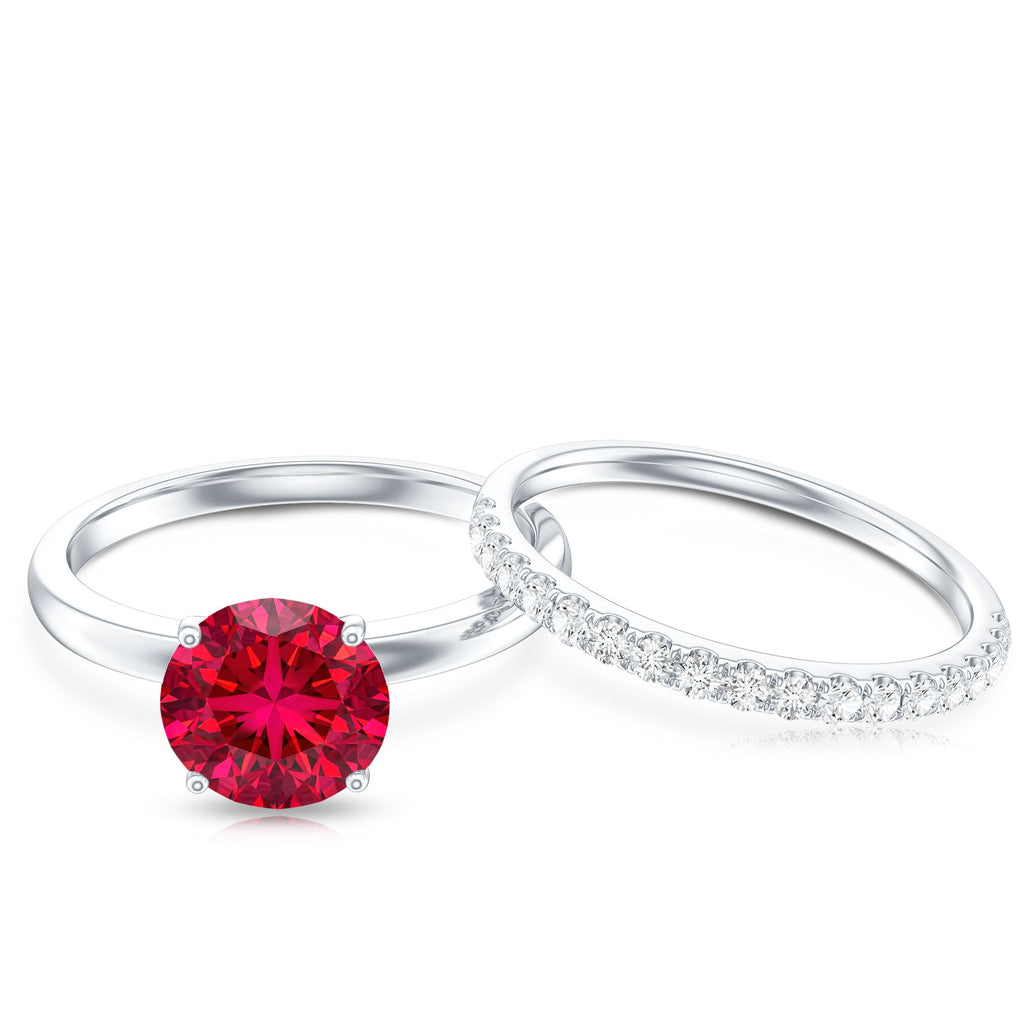 3 CT Solitaire Created Ruby Wedding Ring Set with Diamond