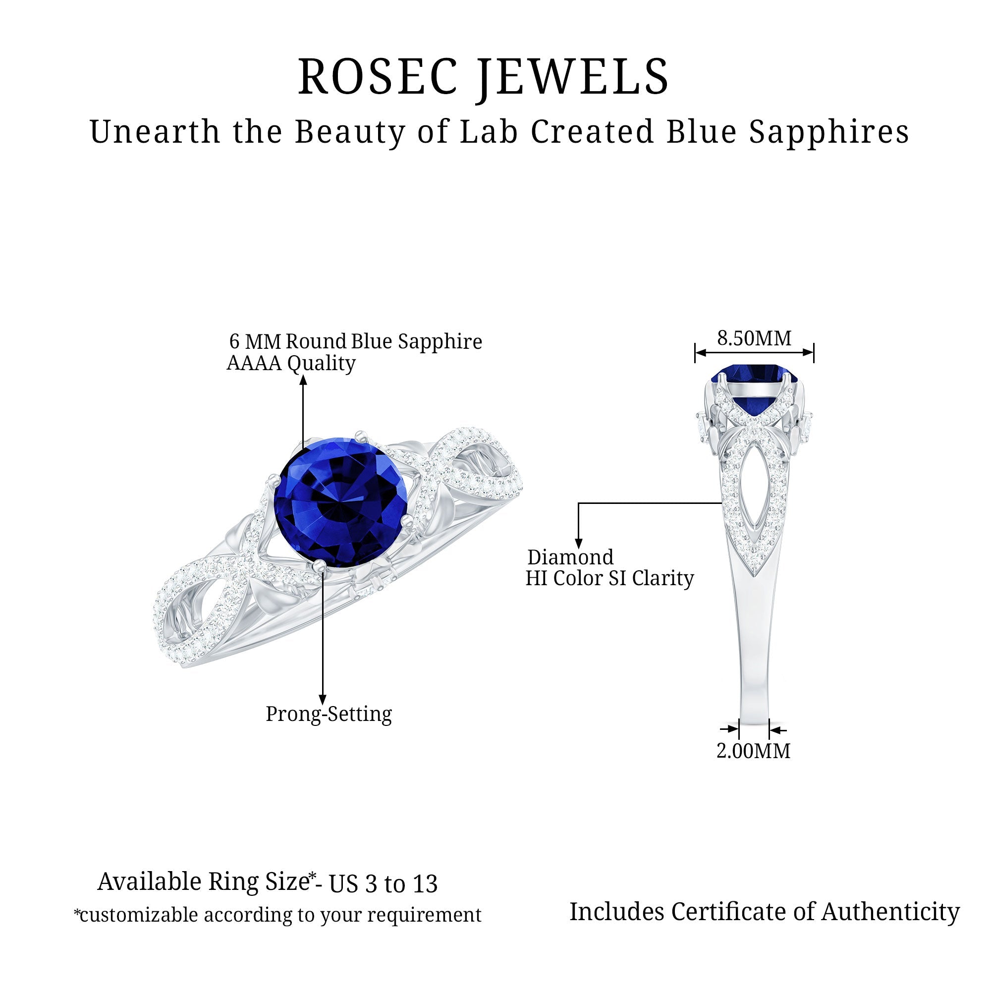 1 Carat Lab Grown Blue Sapphire Engagement Ring with Diamond Crossover Shank