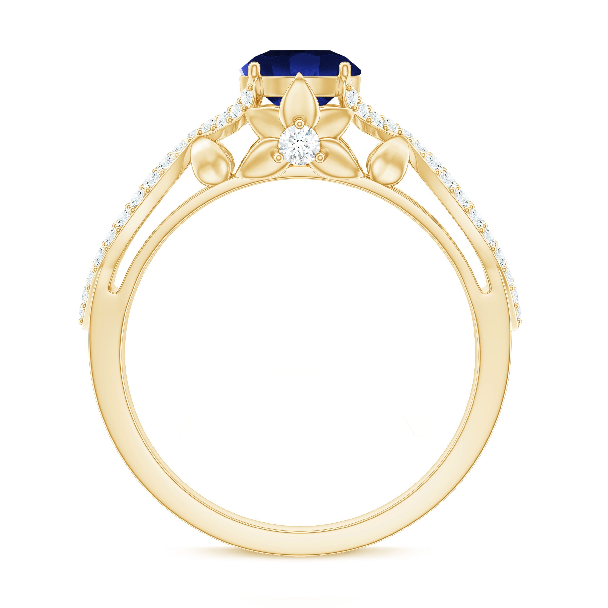 1 Carat Lab Grown Blue Sapphire Engagement Ring with Diamond Crossover Shank