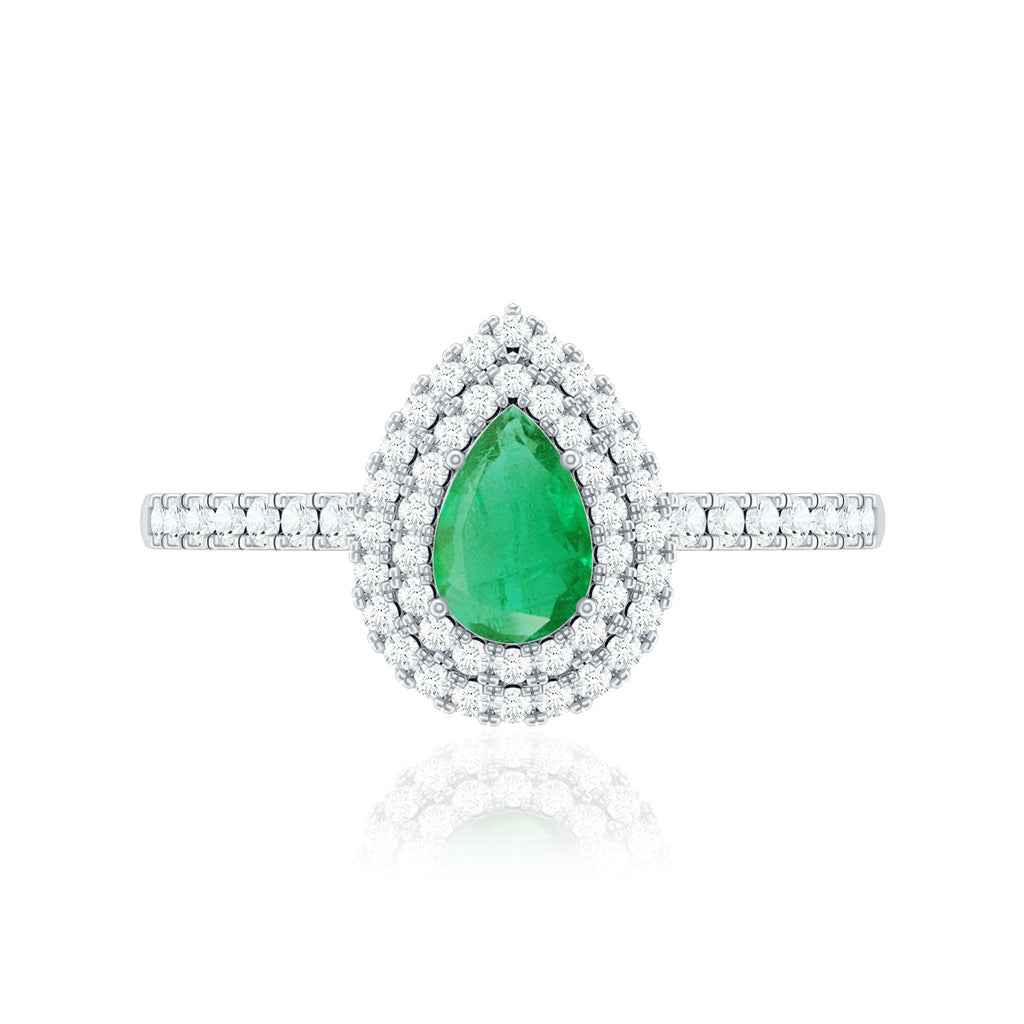 Natural Emerald Teardrop Engagement Ring with Diamond Double Halo