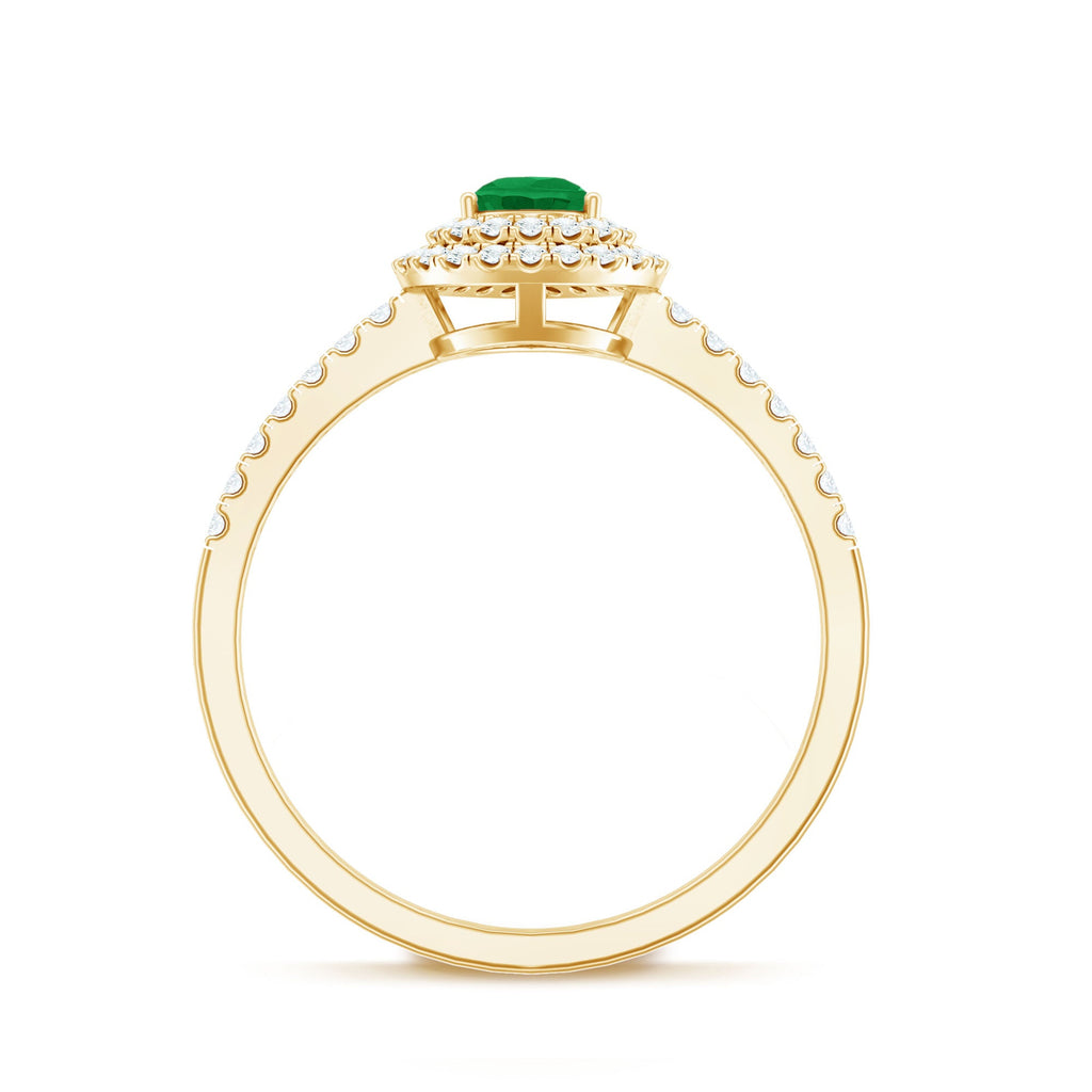 Natural Emerald Teardrop Engagement Ring with Diamond Double Halo