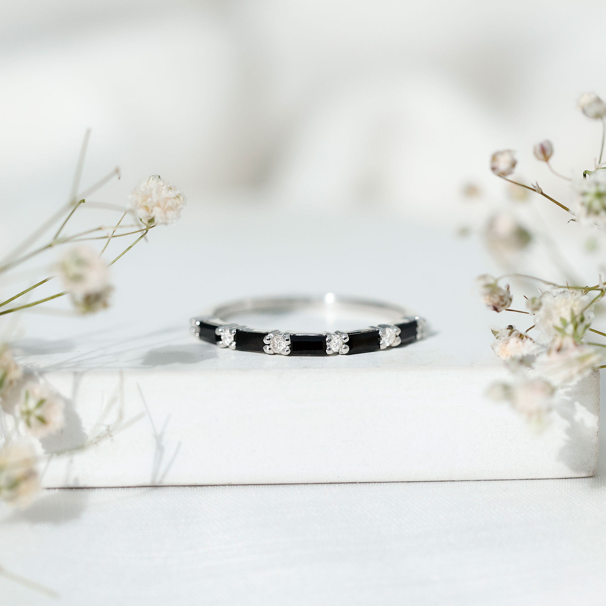 Certified Baguette Lab Grown Black and White Diamond Half Eternity Ring