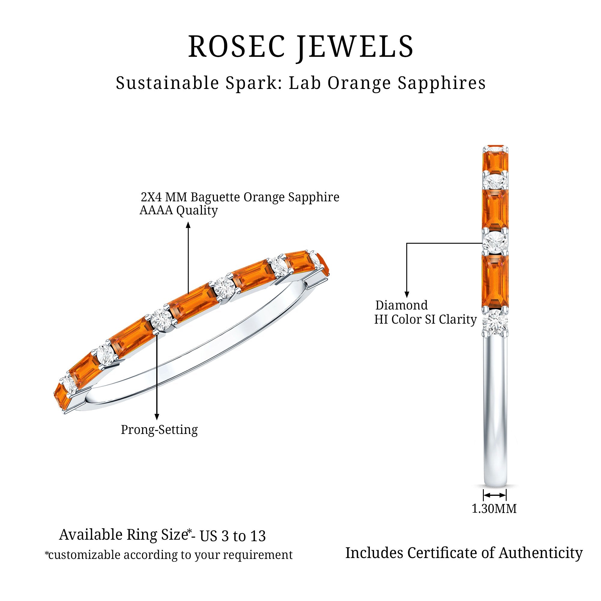 Lab Grown Orange Sapphire and Diamond Half Eternity Stackable Ring