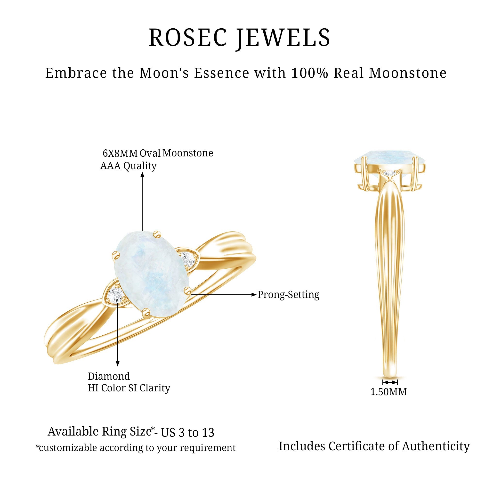 1 CT Oval Cut Moonstone Solitaire Ring with Diamond