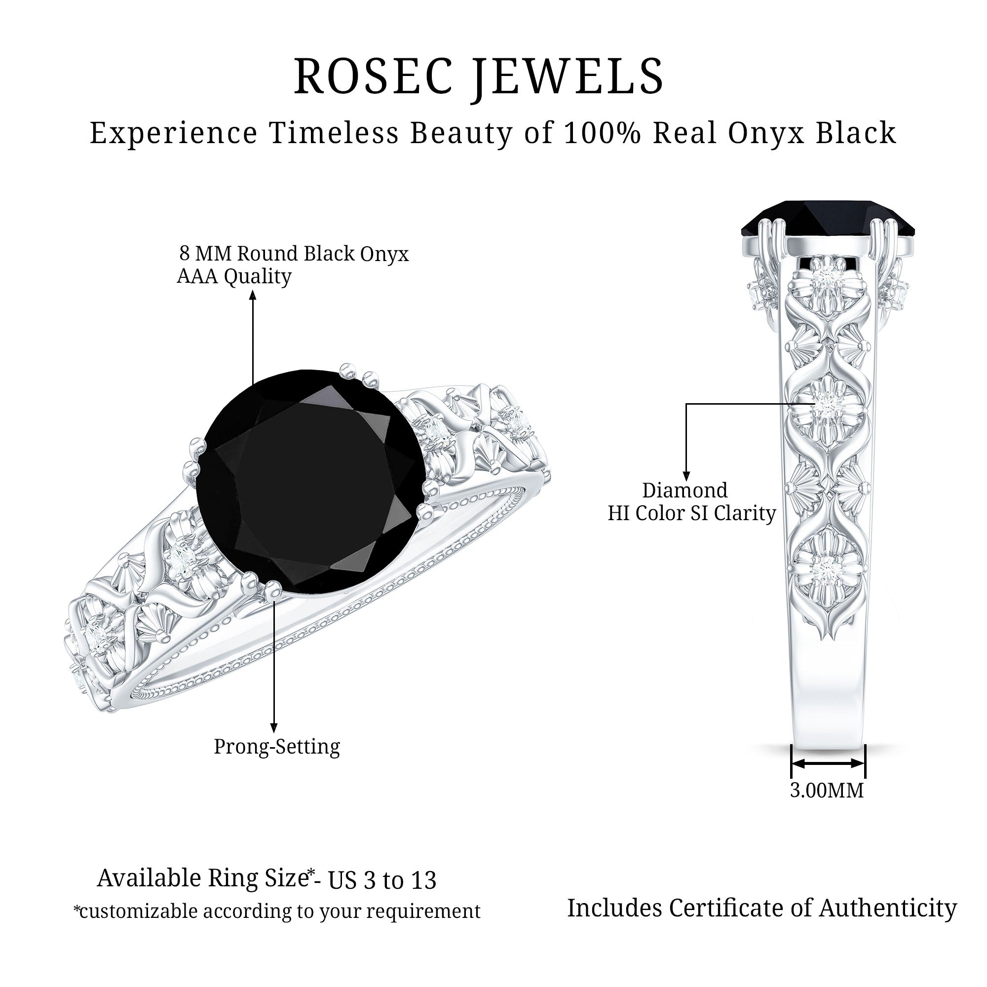 8mm Round Black Onyx Solitaire Antique Looking Engagement Ring with Diamond