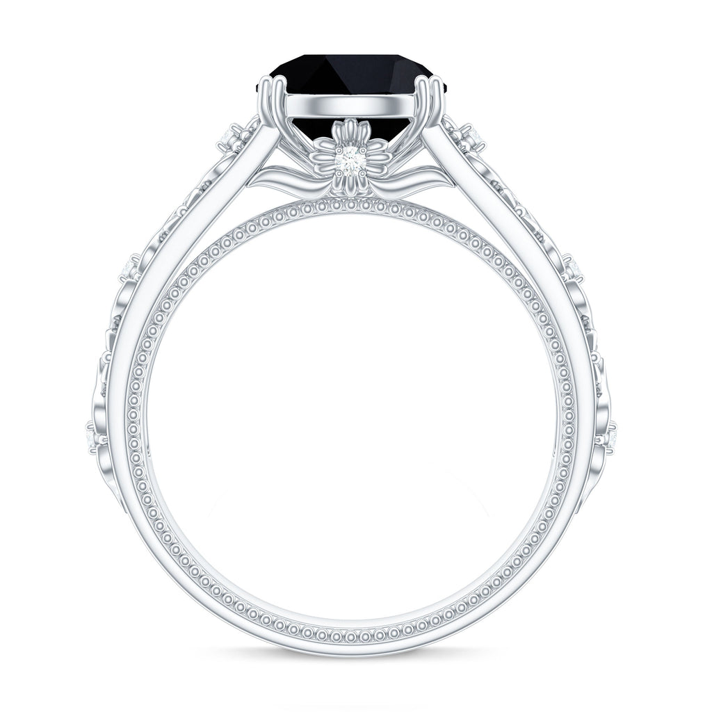 8mm Round Black Onyx Solitaire Antique Looking Engagement Ring with Diamond