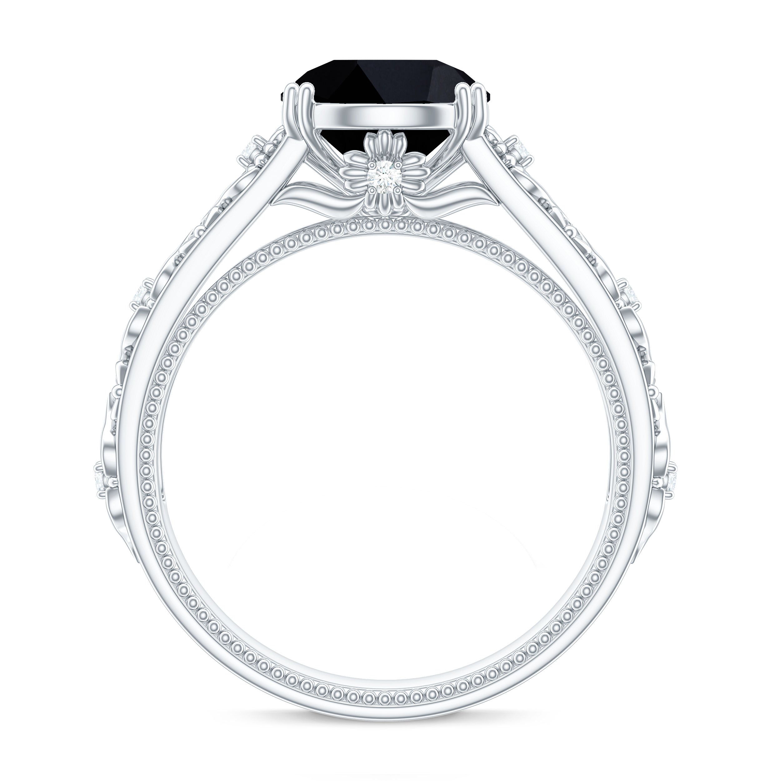 8mm Round Black Onyx Solitaire Antique Looking Engagement Ring with Diamond