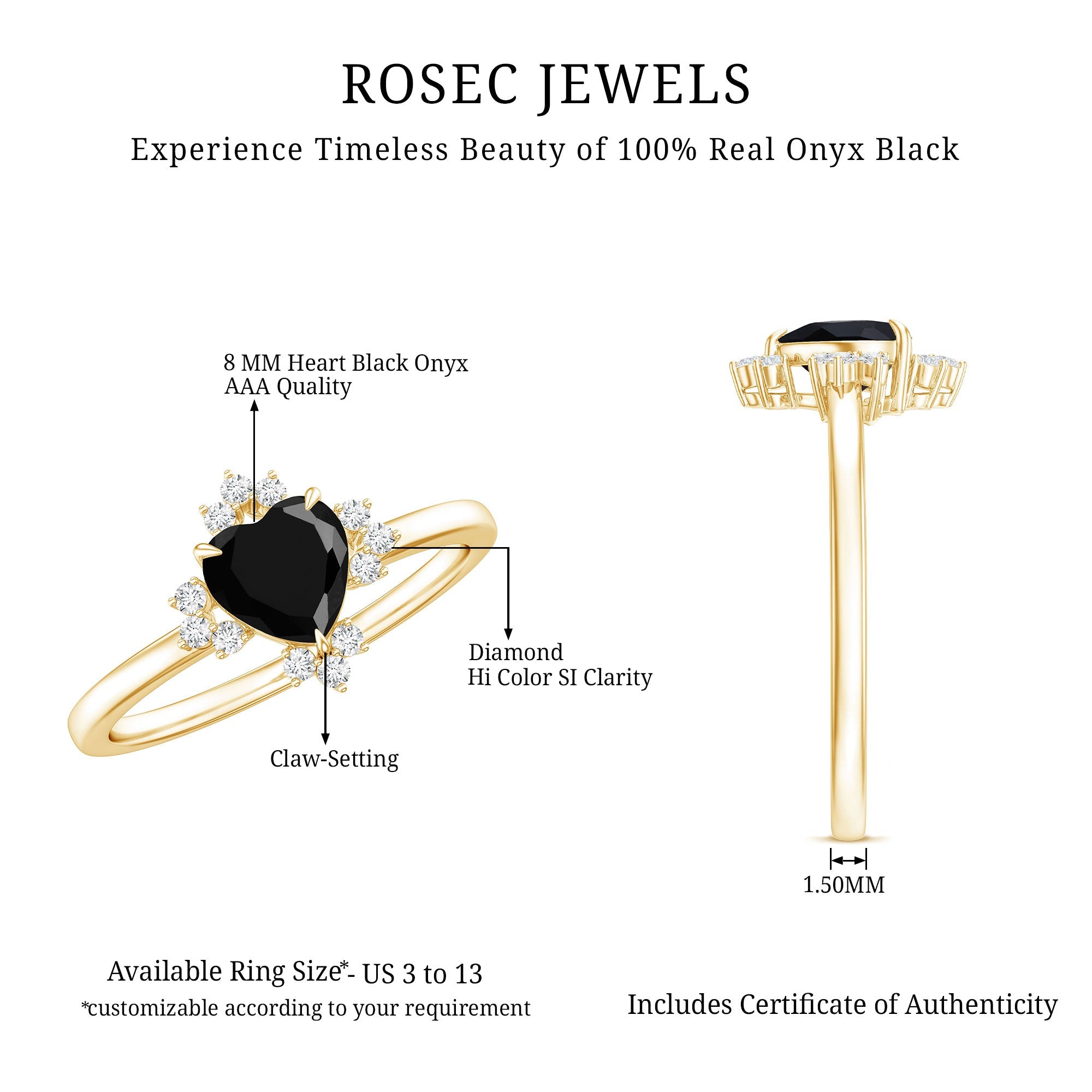 2 Carat Heart Shape Black Onyx Solitaire Engagement Ring with Diamond Accent