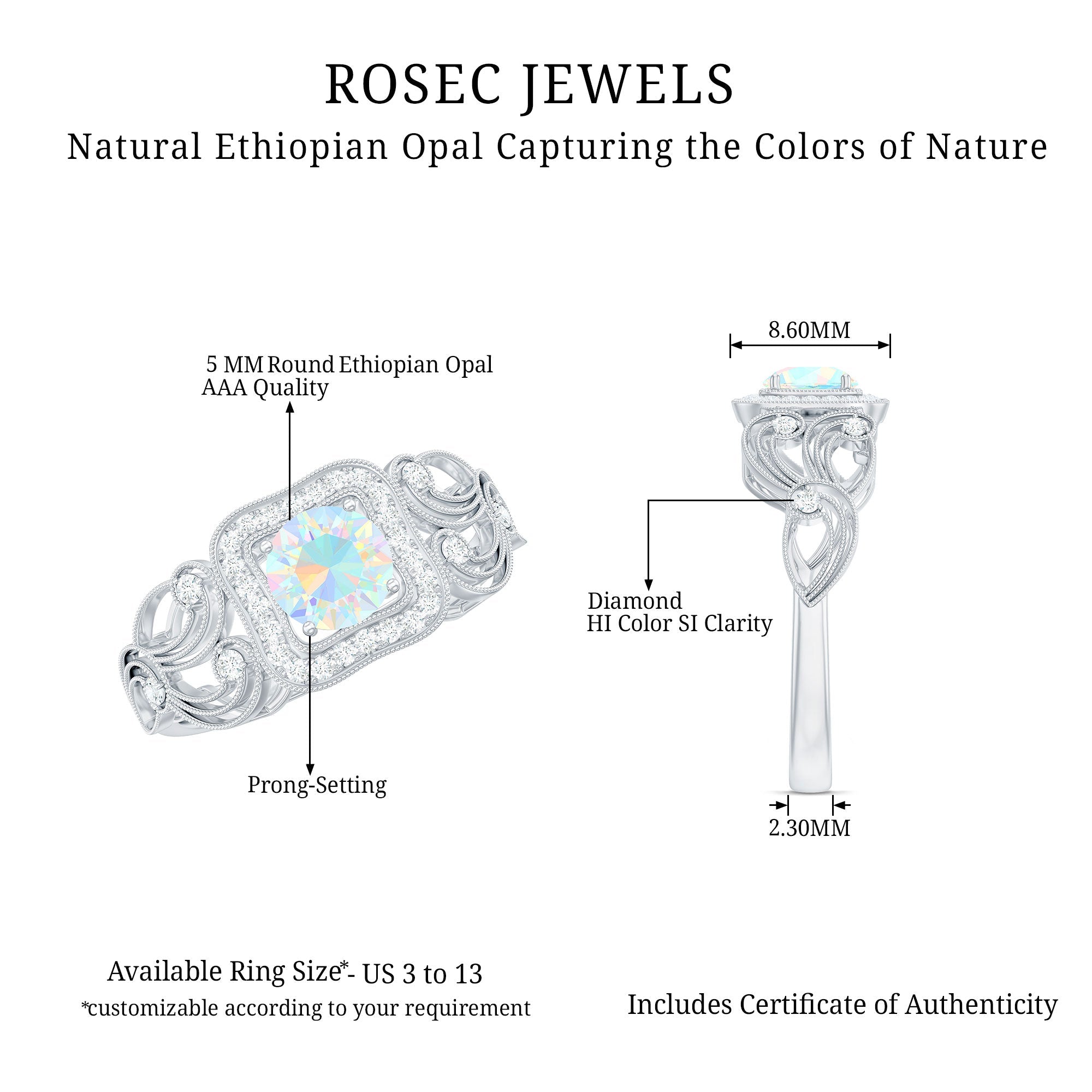 Certified Real Ethiopian Opal Retro Engagement Ring with Diamond