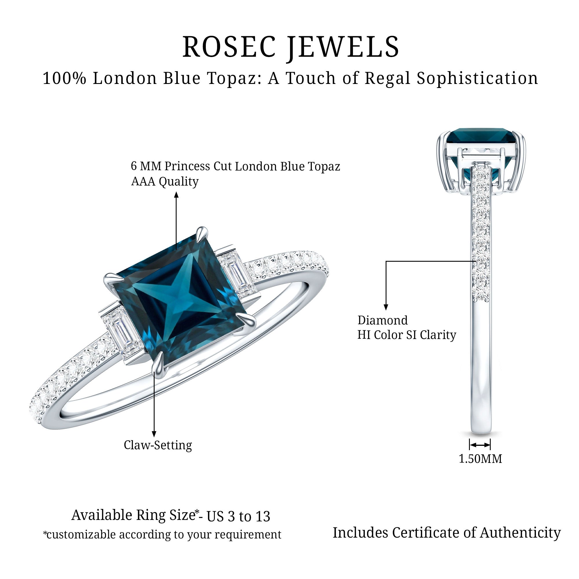 6mm Princess Cut London Blue Topaz Classic Engagement Ring with Diamond