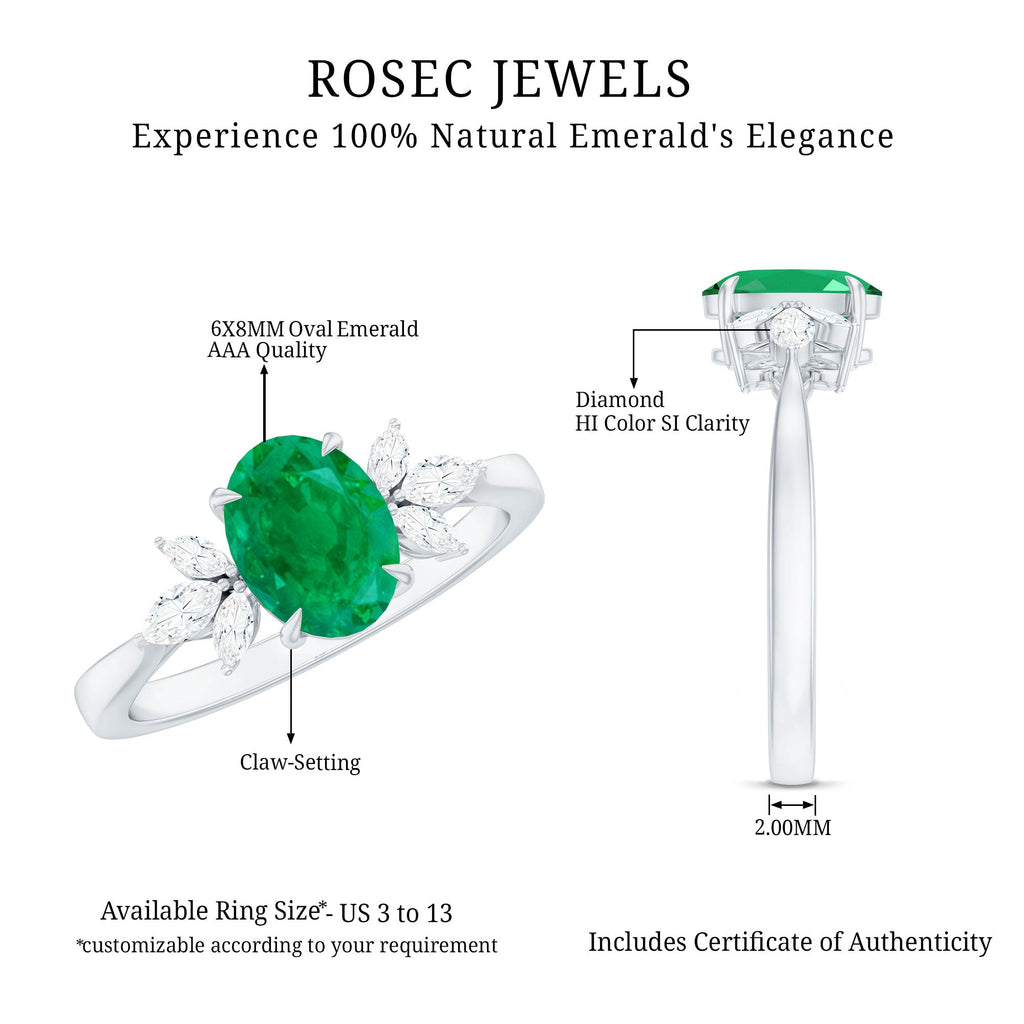 Natural 1.2 Carat Oval Emerald Engagement Ring with Diamond Trio