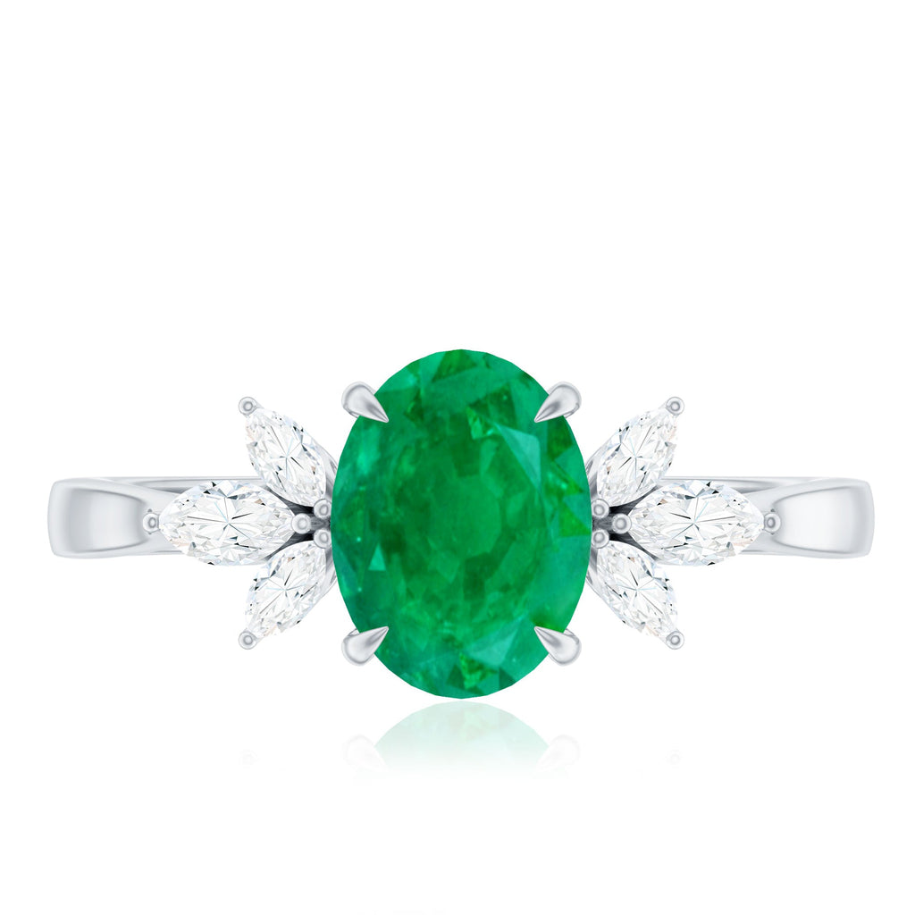 Natural 1.2 Carat Oval Emerald Engagement Ring with Diamond Trio