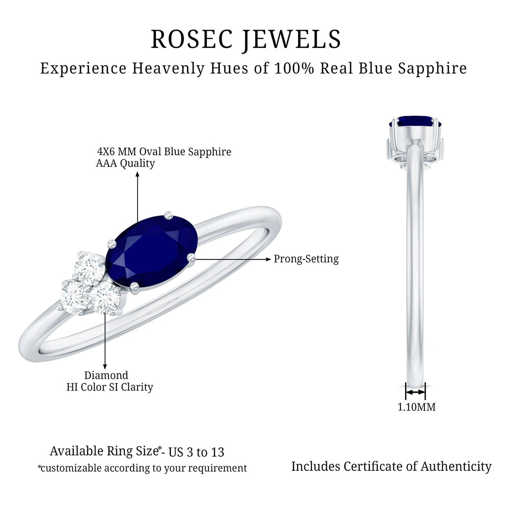 3/4 CT Oval Cut Blue Sapphire Promise Ring with Diamond Trio