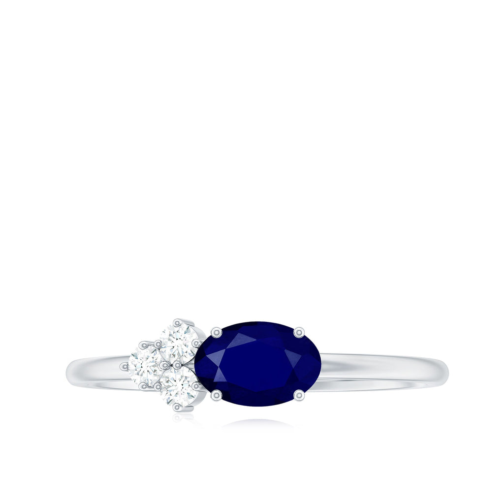 3/4 CT Oval Cut Blue Sapphire Promise Ring with Diamond Trio