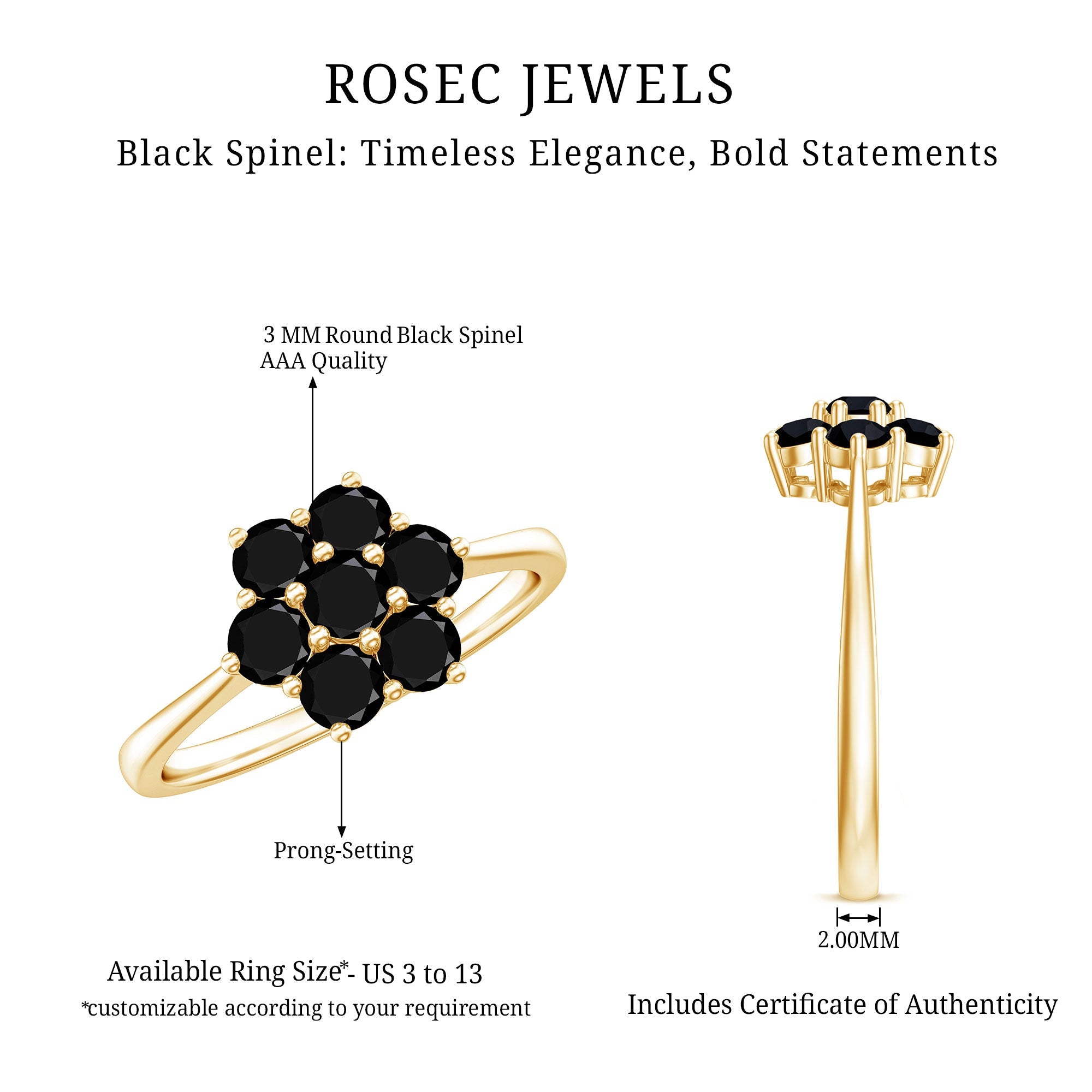 Natural Black Spinel Flower Engagement Ring with Certificate