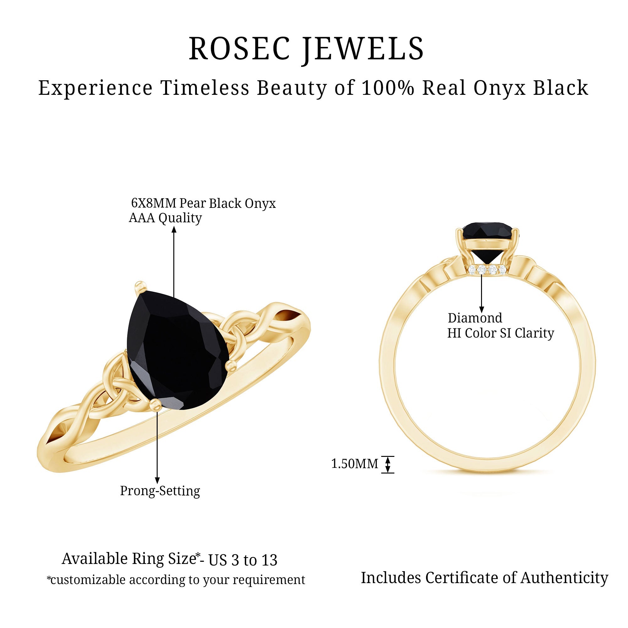 Solitaire Pear Cut Black Onyx Engagement Ring with Celtic Band