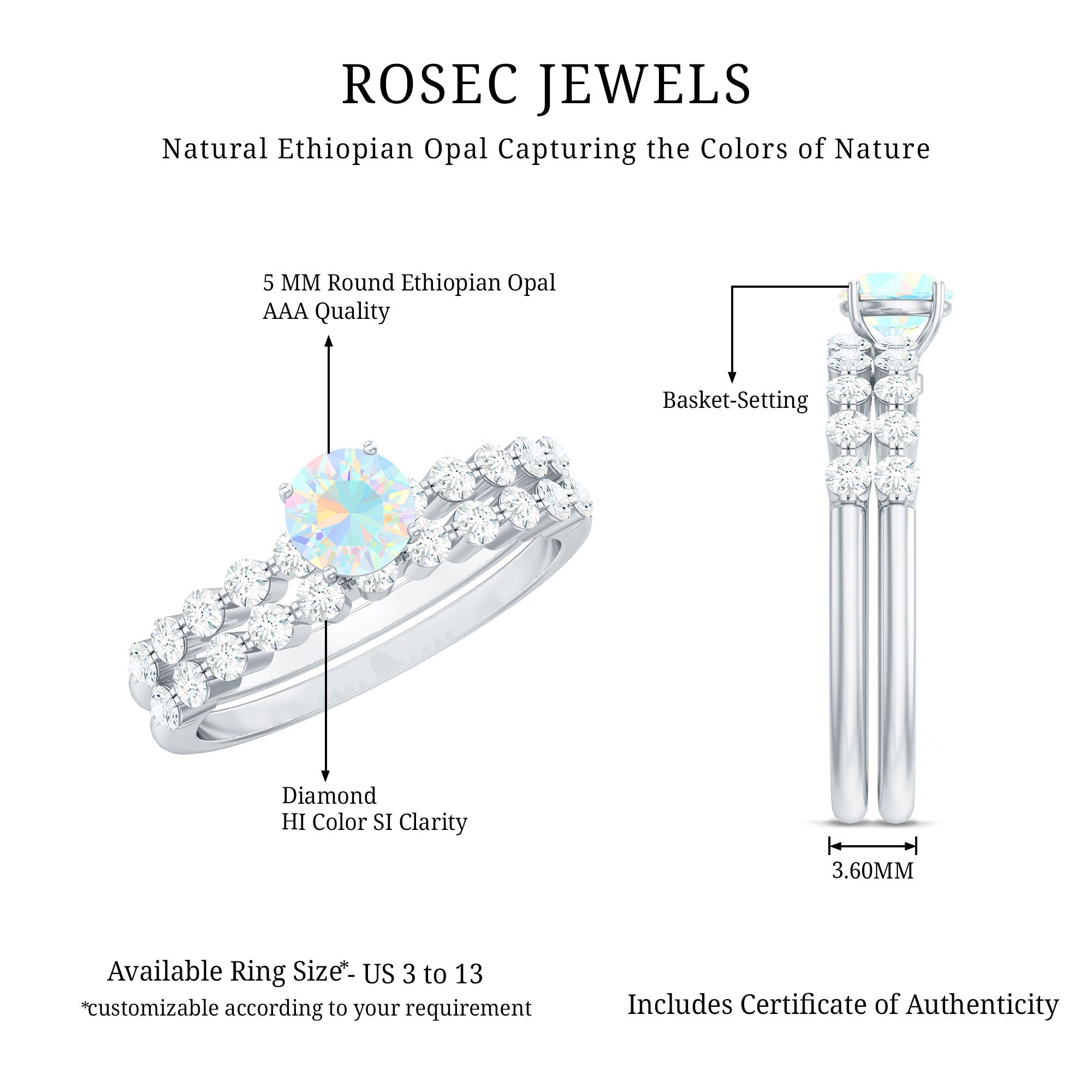 Certified Natural Ethiopian Opal Diamond Wedding Engagement Ring Set of 2