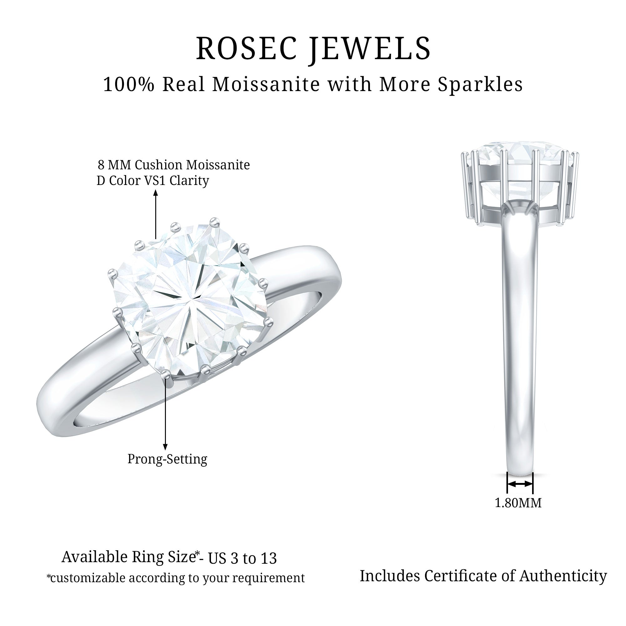 Certified 8 MM Cushion Cut Moissanite Solitaire Engagement Ring