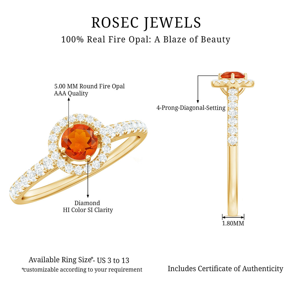 0.75 CT Fire Opal and Diamond Halo Engagement Ring
