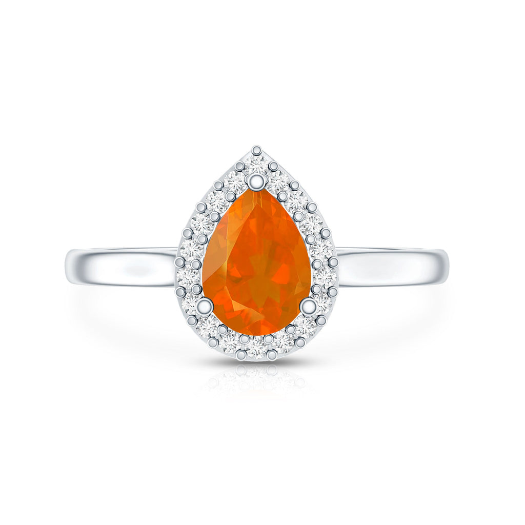 1 CT Teardrop Fire Opal Ring with Diamond Accent