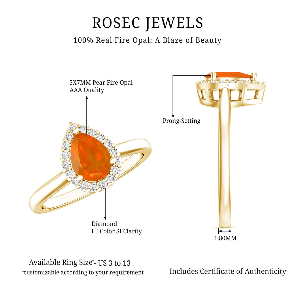 1 CT Teardrop Fire Opal Ring with Diamond Accent