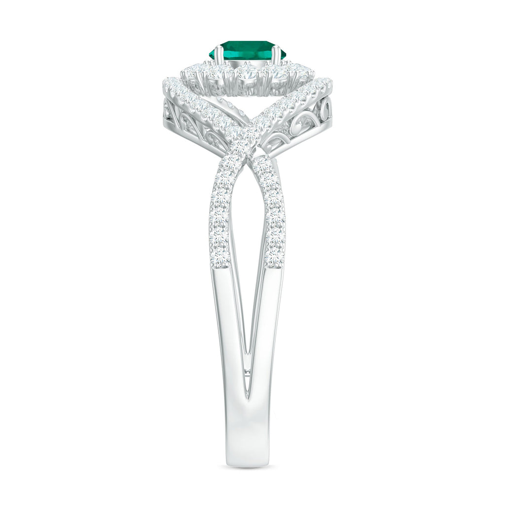 Certified Lab Grown Emerald Diamond Halo Engagement Ring with Crossover Shank