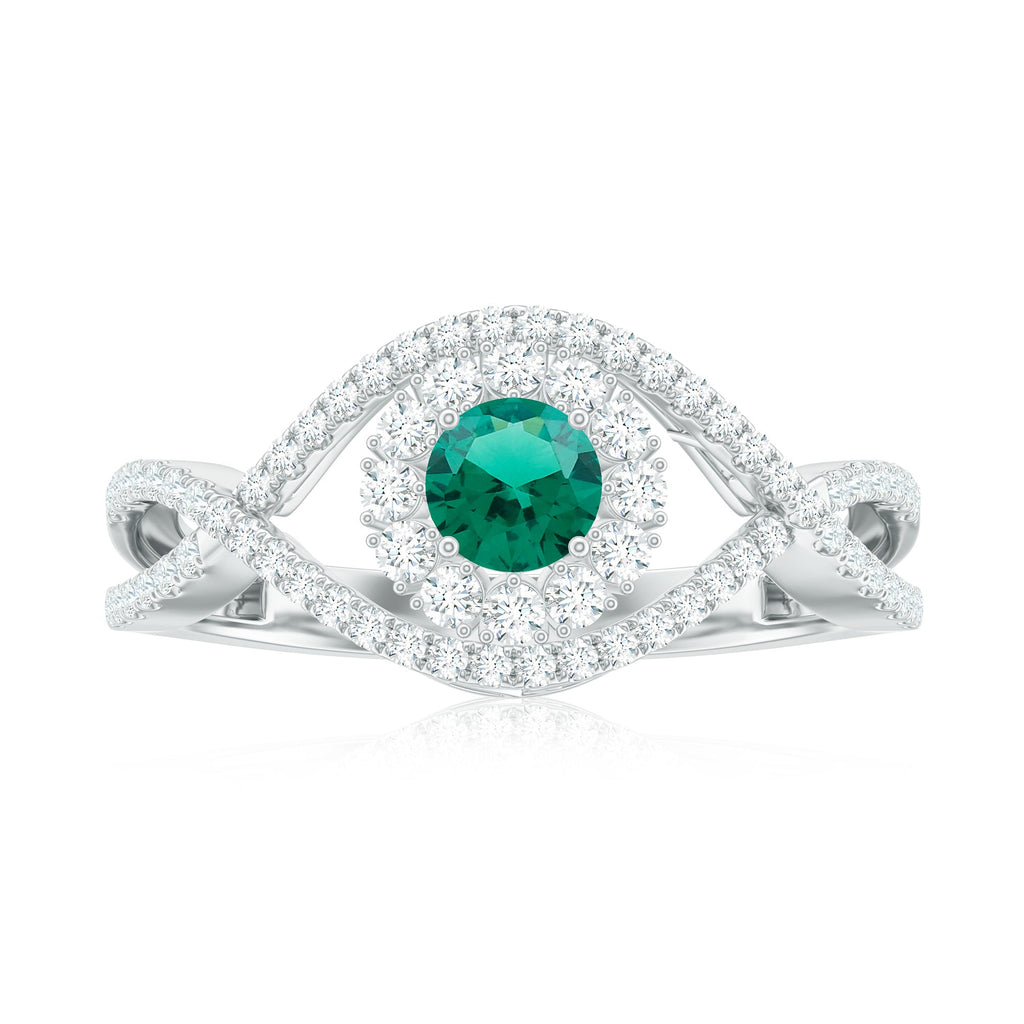 Certified Lab Grown Emerald Diamond Halo Engagement Ring with Crossover Shank