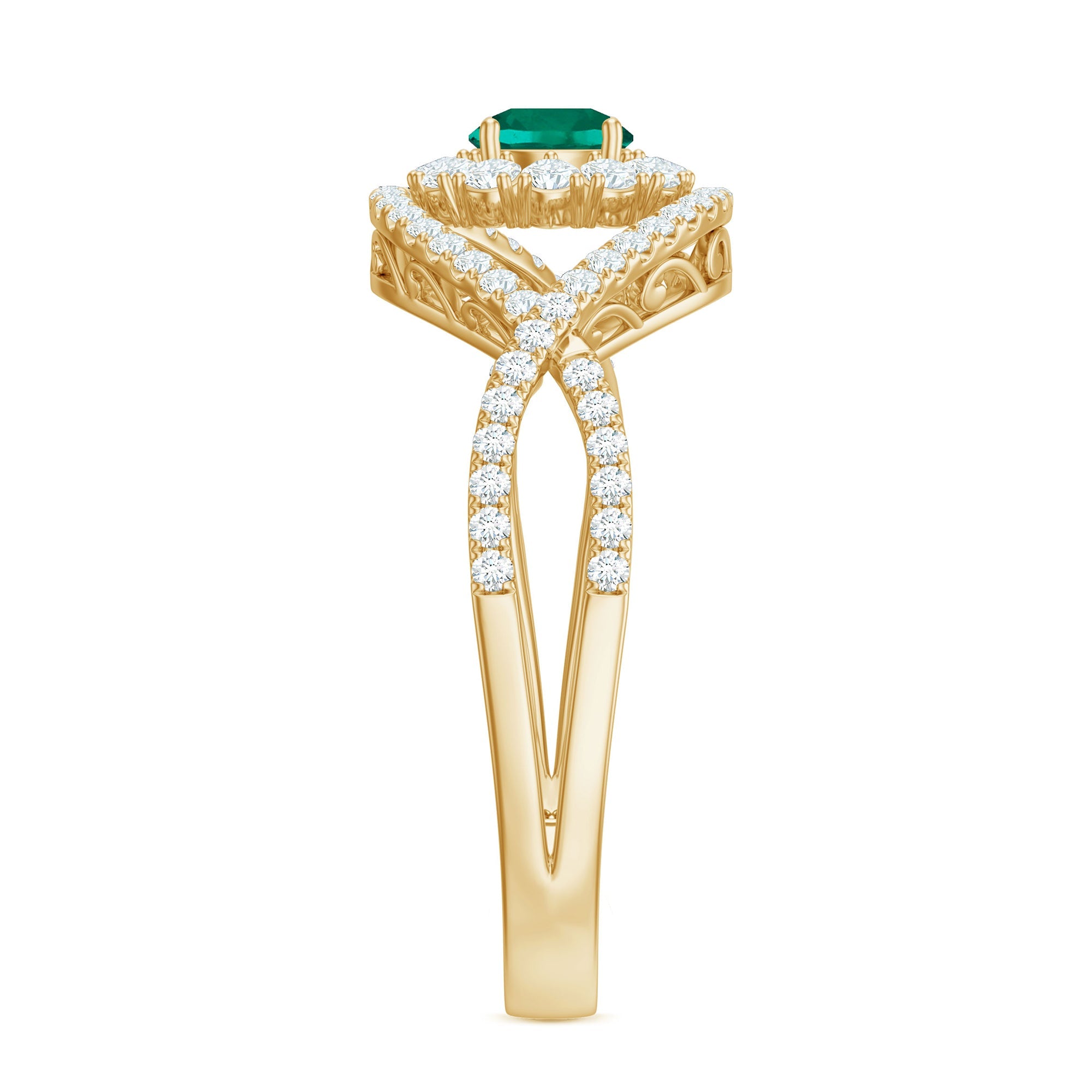 Certified Lab Grown Emerald Diamond Halo Engagement Ring with Crossover Shank