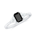 Emerald Cut Created Black Diamond Solitaire Ring with Diamond Trio