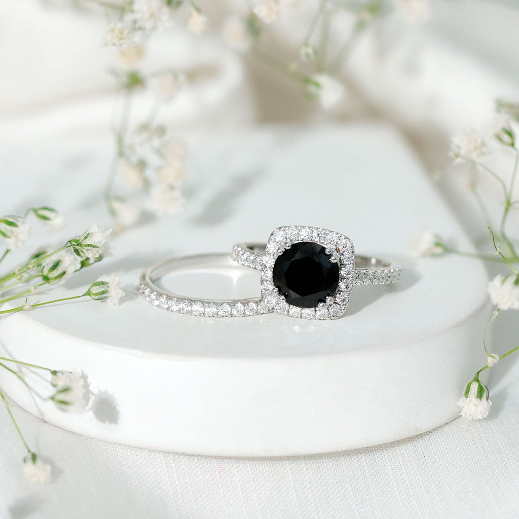 Natural Black Spinel Wedding Bridal Ring Set with Moissanite