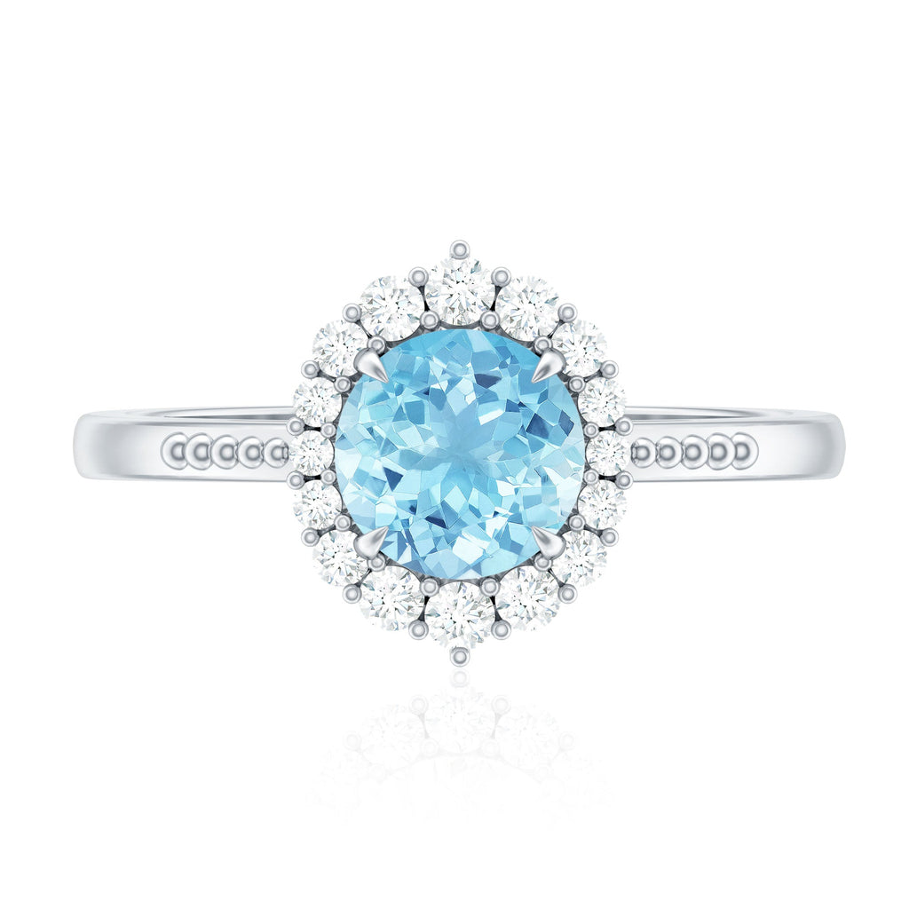 Natural 6MM Aquamarine Halo Engagement Ring with Diamond