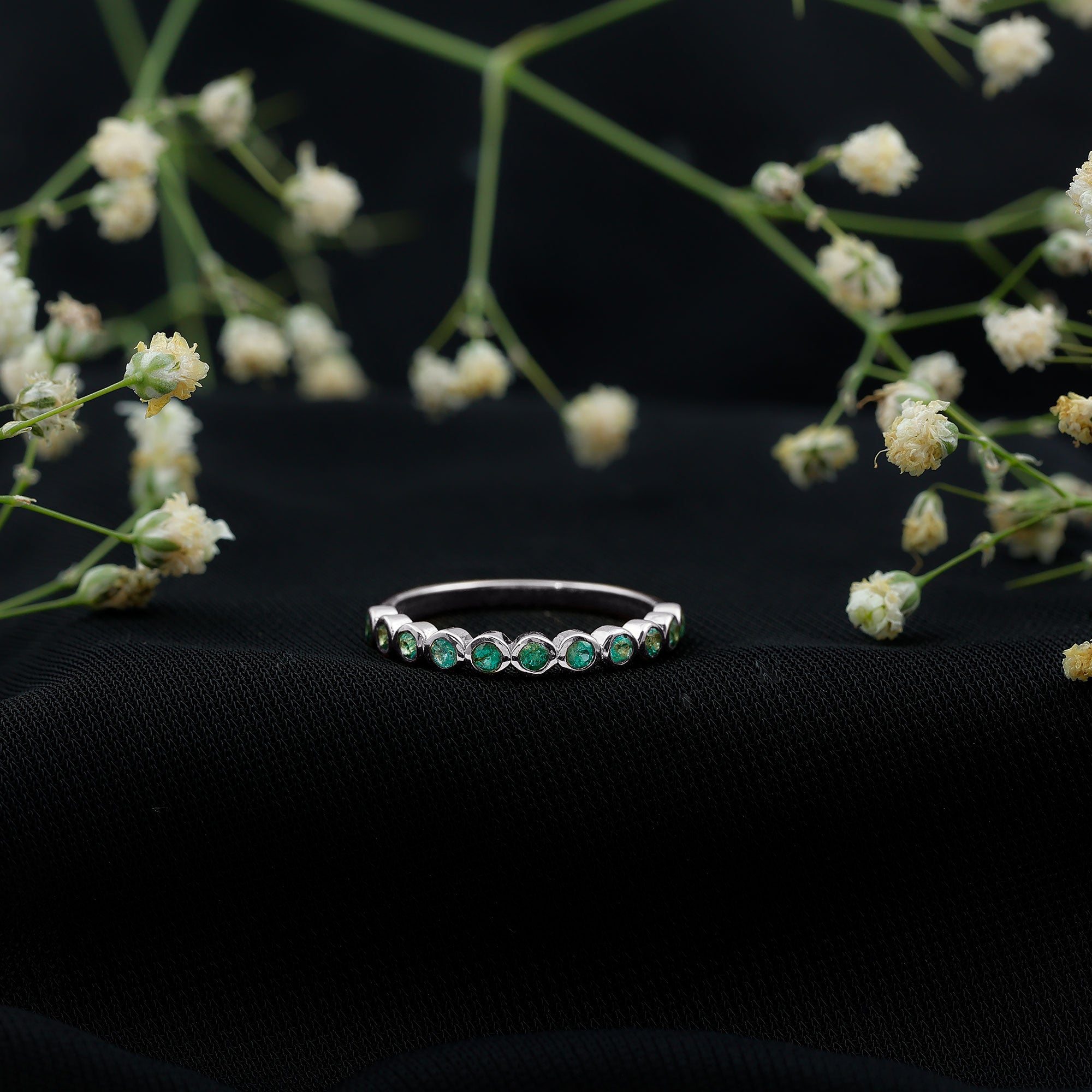 Natural Emerald Half Eternity Ring in Bezel Set
