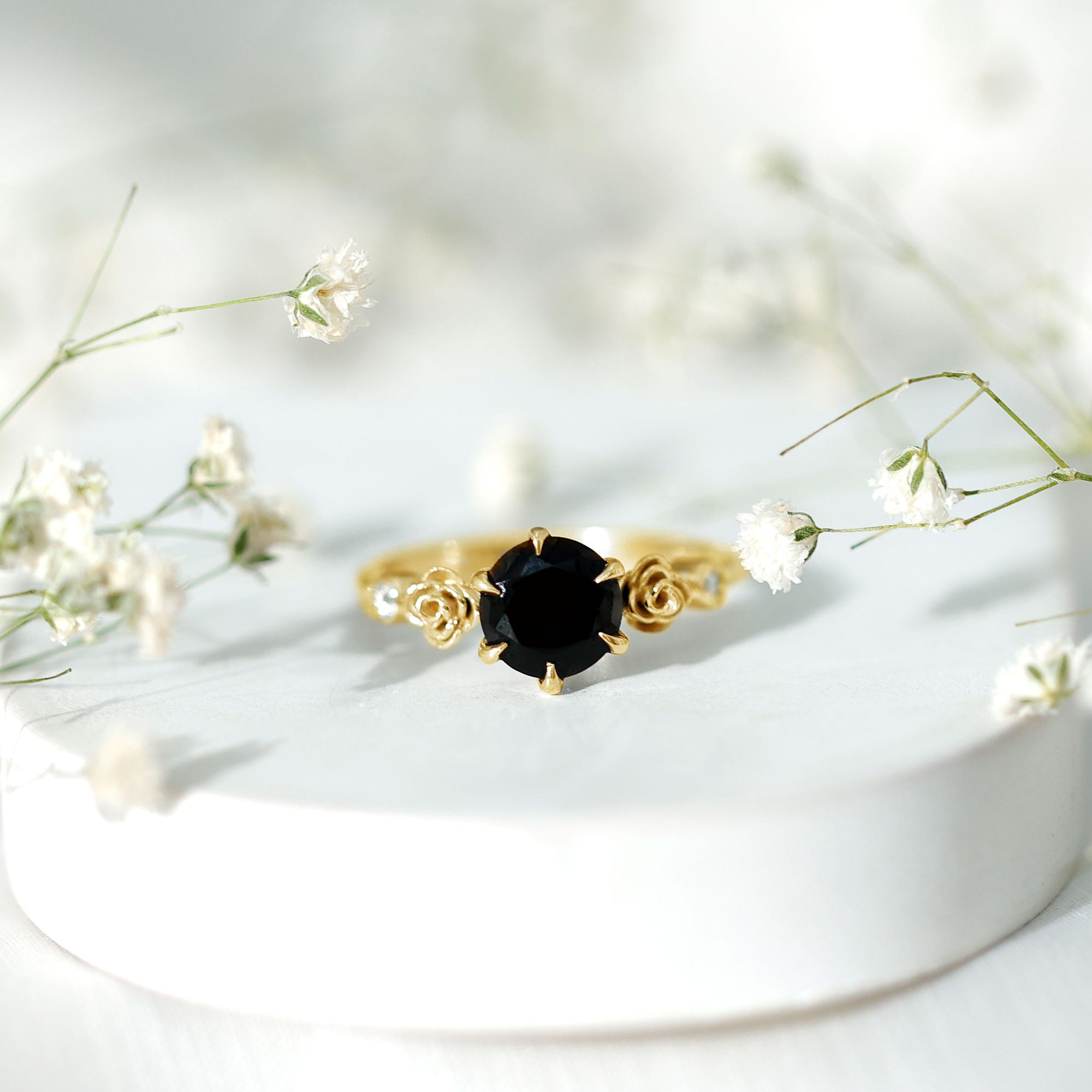 Natural Black Spinel Floral Engagement Ring with Diamond