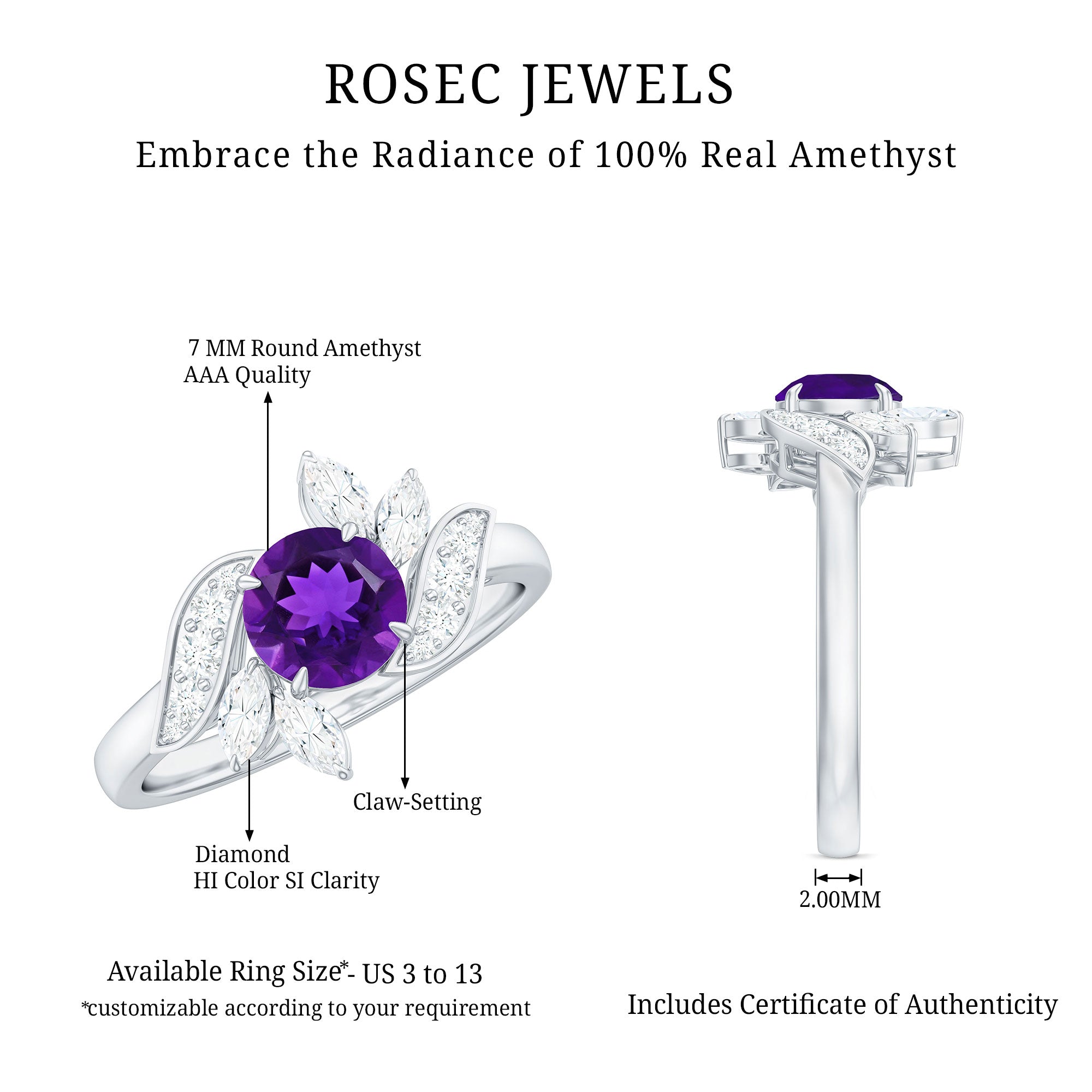 Nature Inspired 1 Carat Amethyst Engagement Ring with Diamond