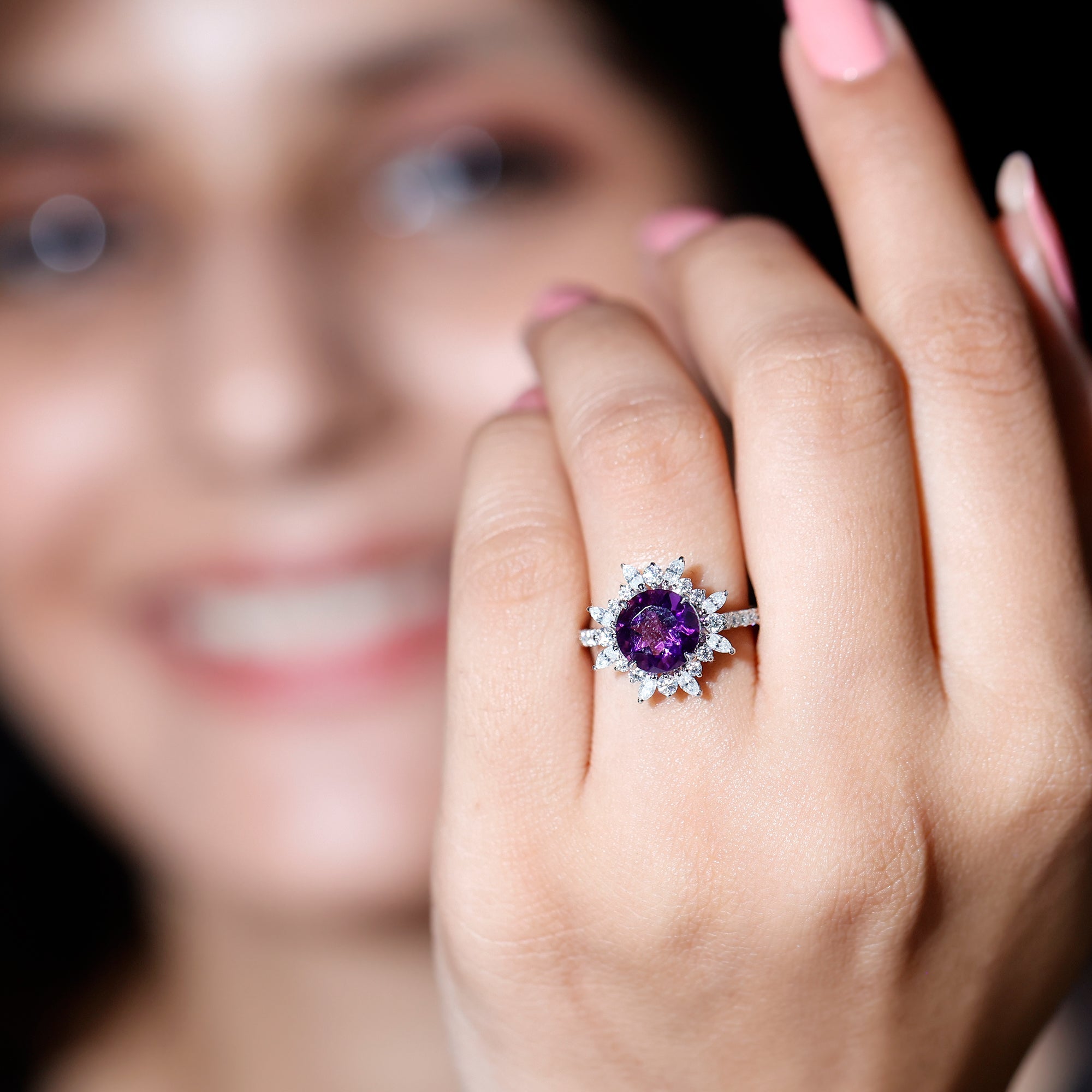 Natural 2 Carat Amethyst Statement Engagement Ring with Moissanite Halo