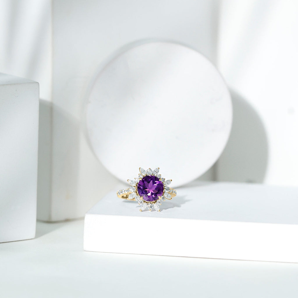 Natural 2 Carat Amethyst Statement Engagement Ring with Moissanite Halo