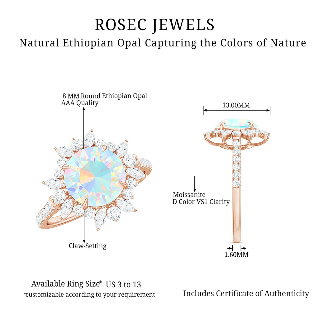 Natural 8mm Ethiopian Opal Halo Engagement Ring with Side Stones