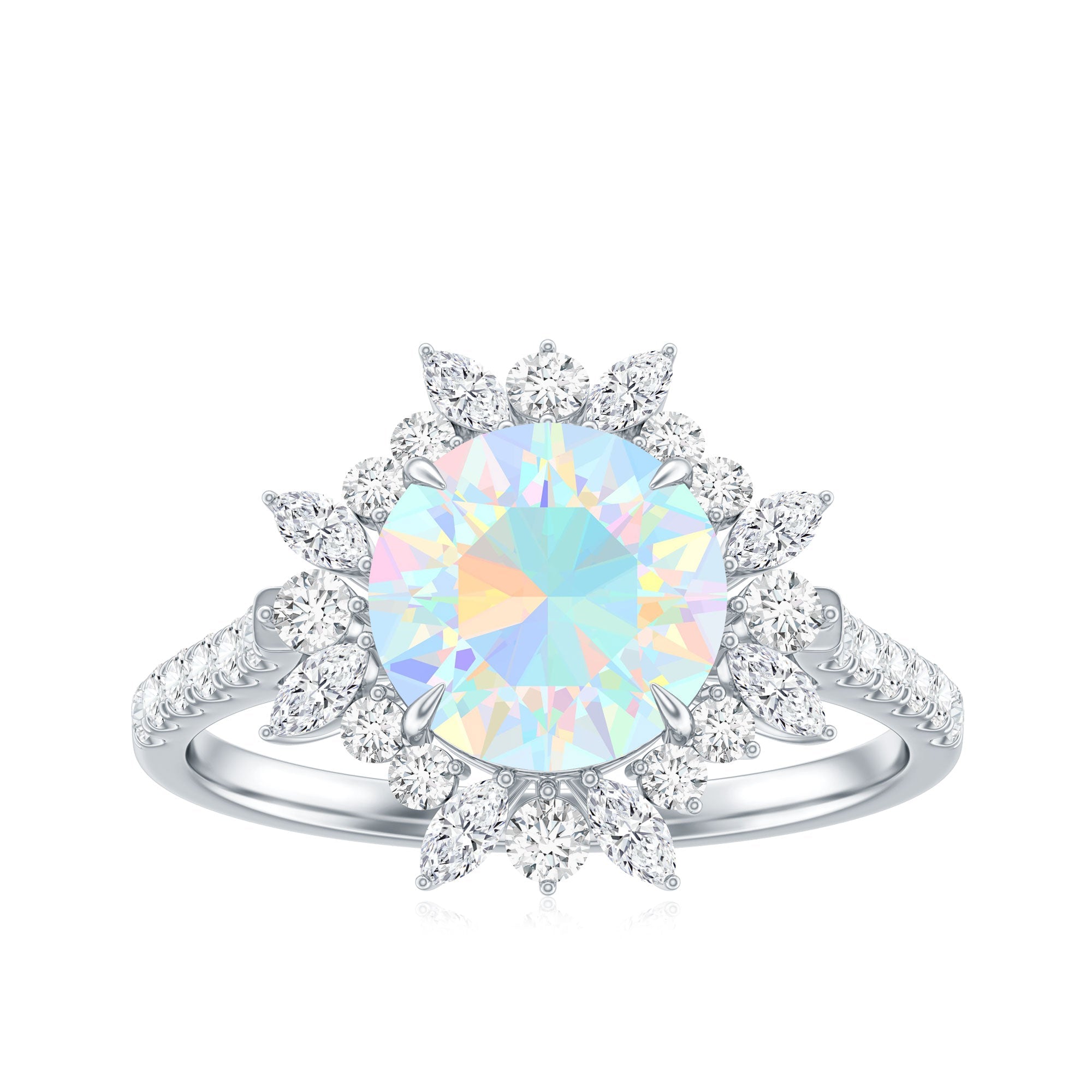Natural 8mm Ethiopian Opal Halo Engagement Ring with Side Stones