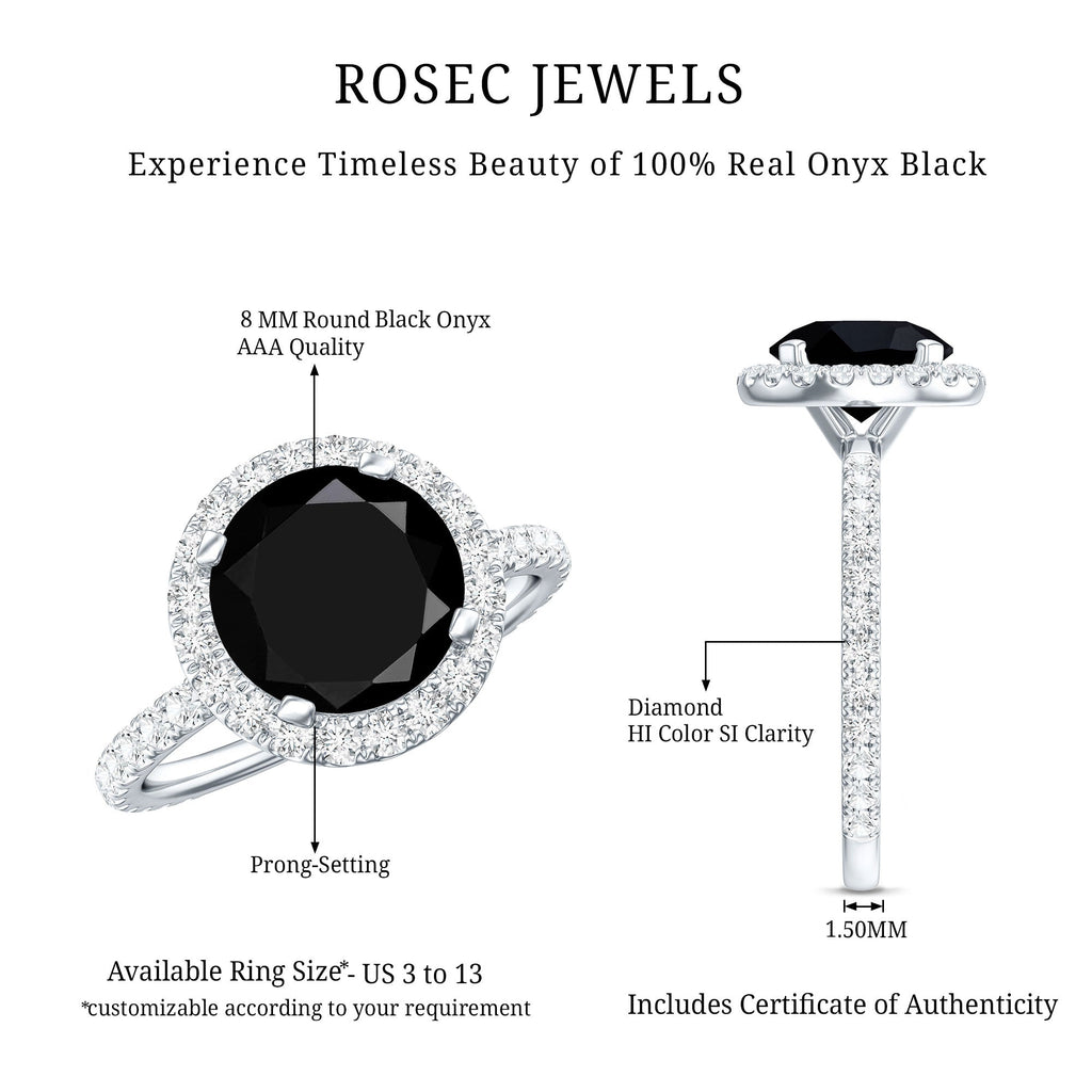 8mm Round Shape Black Onyx Engagement Ring with Diamond Halo