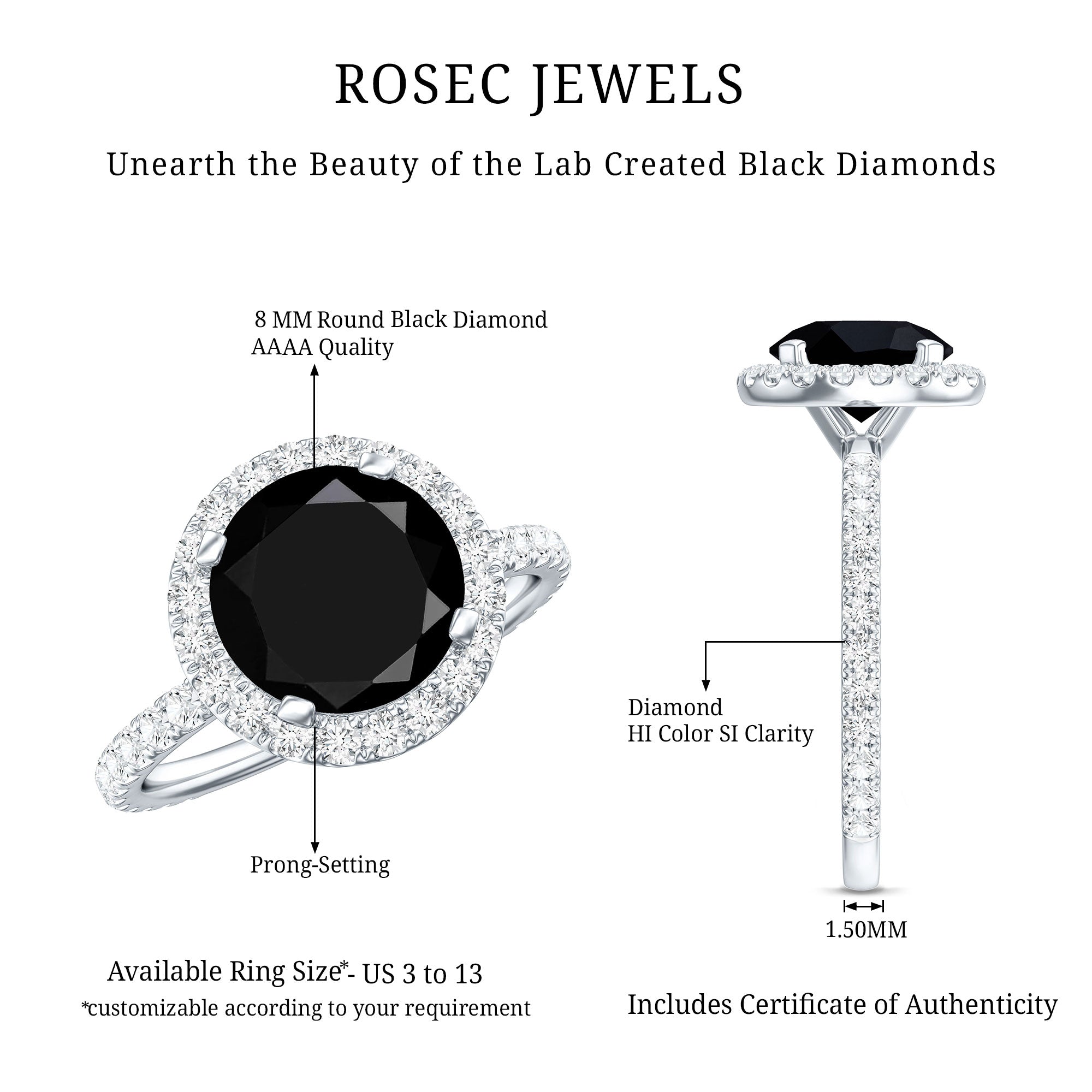 Certified 2 Carat Lab Grown Black and White Diamond Engagement Ring with Halo